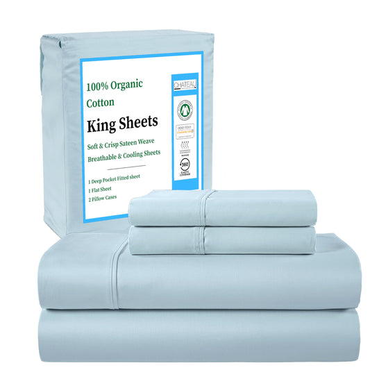 CHATEAU HOME COLLECTION Organic Cotton Sheets King Size – 100% Organic Sky Blue Bed Sheets, Deep Pocket Fitted Sheet, Cooling & Breathable, Sateen Weave, Fits Upto 17" Mattress