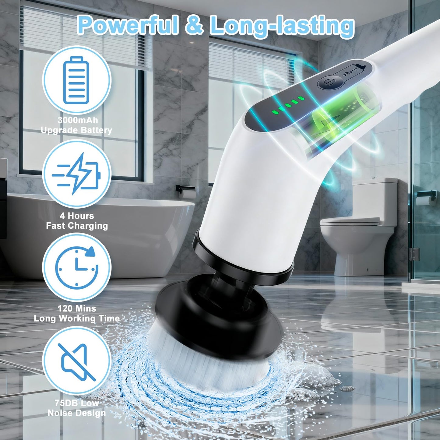 Homlab Electric Spin Scrubber, Cordless Cleaning Brush with 8 Replaceable Brush Heads, Shower Scrubber with Adjustable Extension Handle, Waterproof Power Scrubber for Bathroom Tile Floor Tub Car Walls