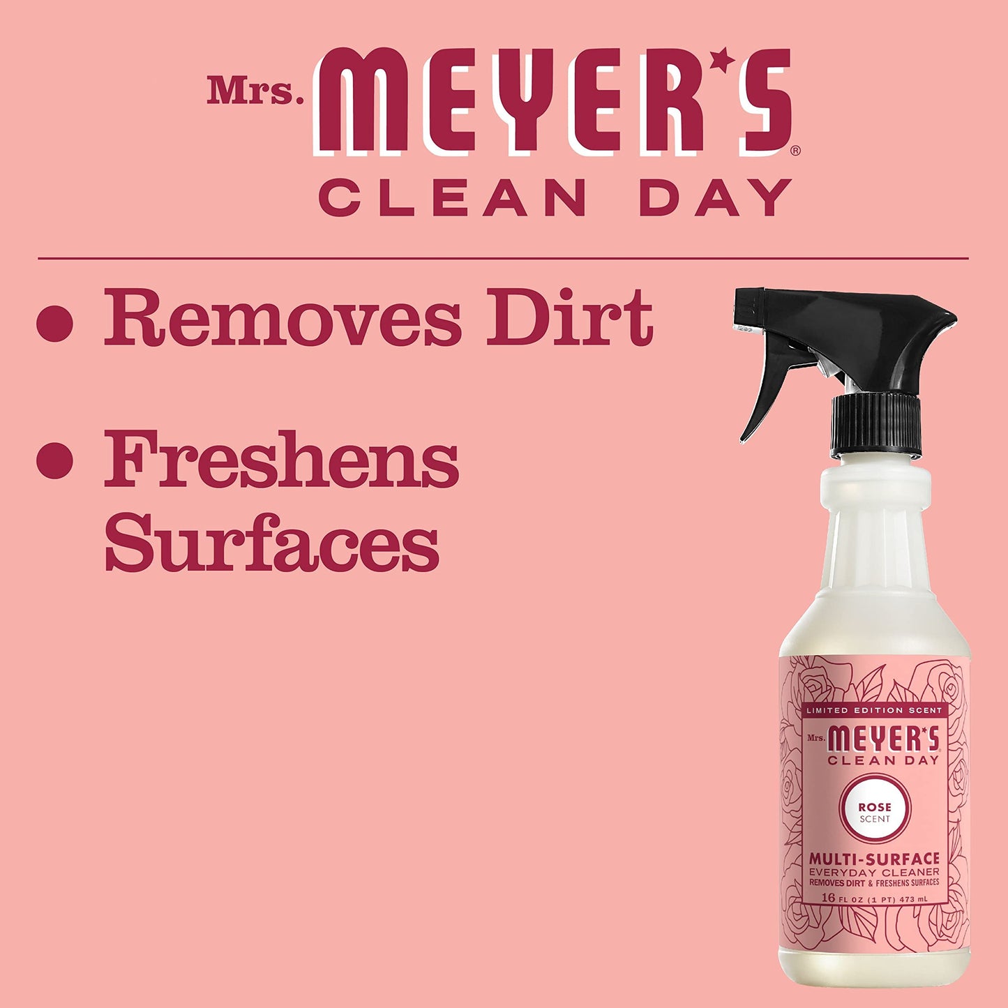 MRS. MEYER'S CLEAN DAY Multi-Surface Everyday Cleaner, Rose Scent, 16 Ounce Bottle (Pack of 6)