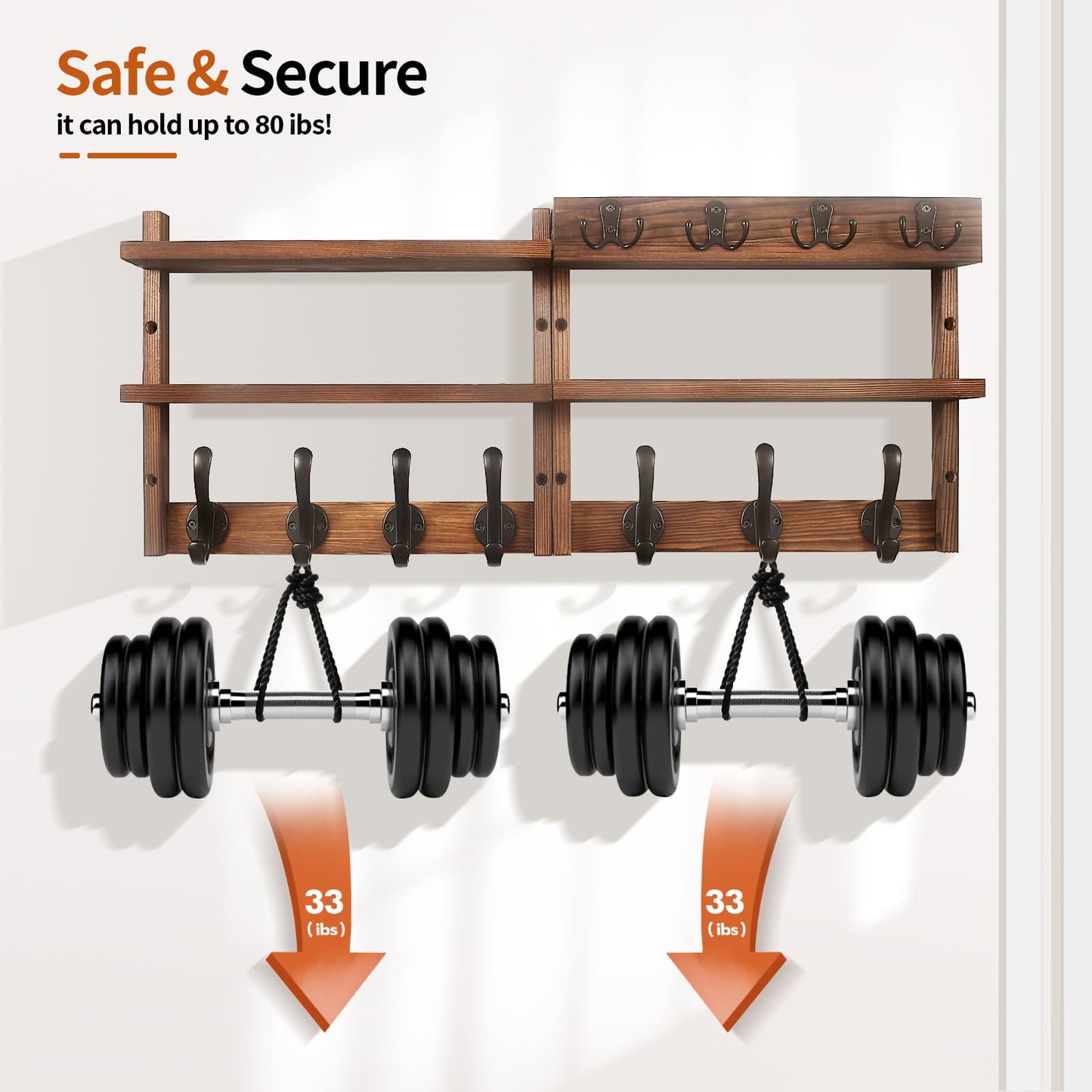 29" Coat Rack Wall Mount with Shelf, Pine Two-Tier Wall Shelf Mounted Coat and Key Hanger with 7 Heavy Duty Hooks 4 Key Hooks, Entryway Key Holder with Mail Holder for Bedroom,Living Room (Brown)