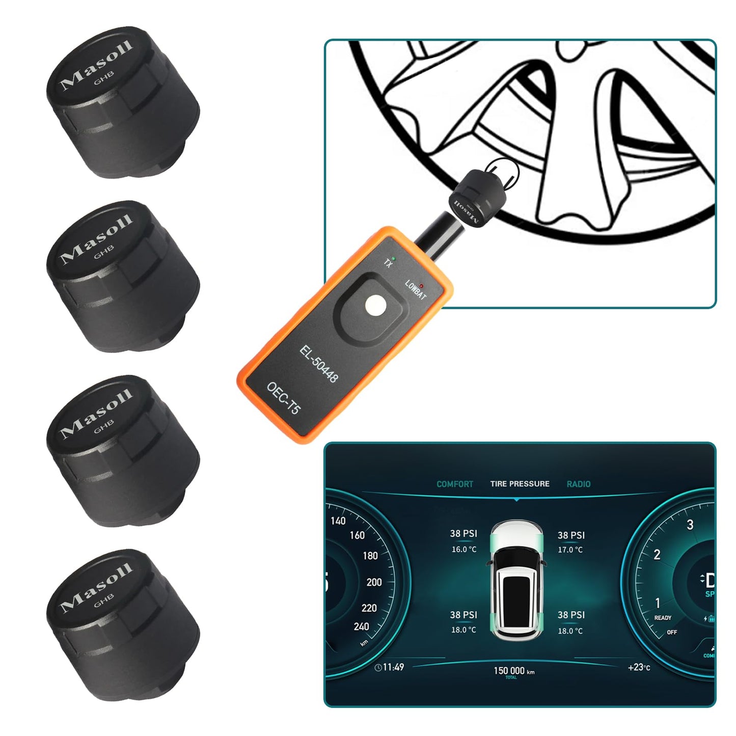 Masoll TPMS Sensor for GM Chevy Chevrolet Silverado Buick Cadillac GMC, Gen 2 TPMS Sensors Set of 4 with 1 TPMS relearn Tool, External Tire Pressure Sensor, Easy to Install