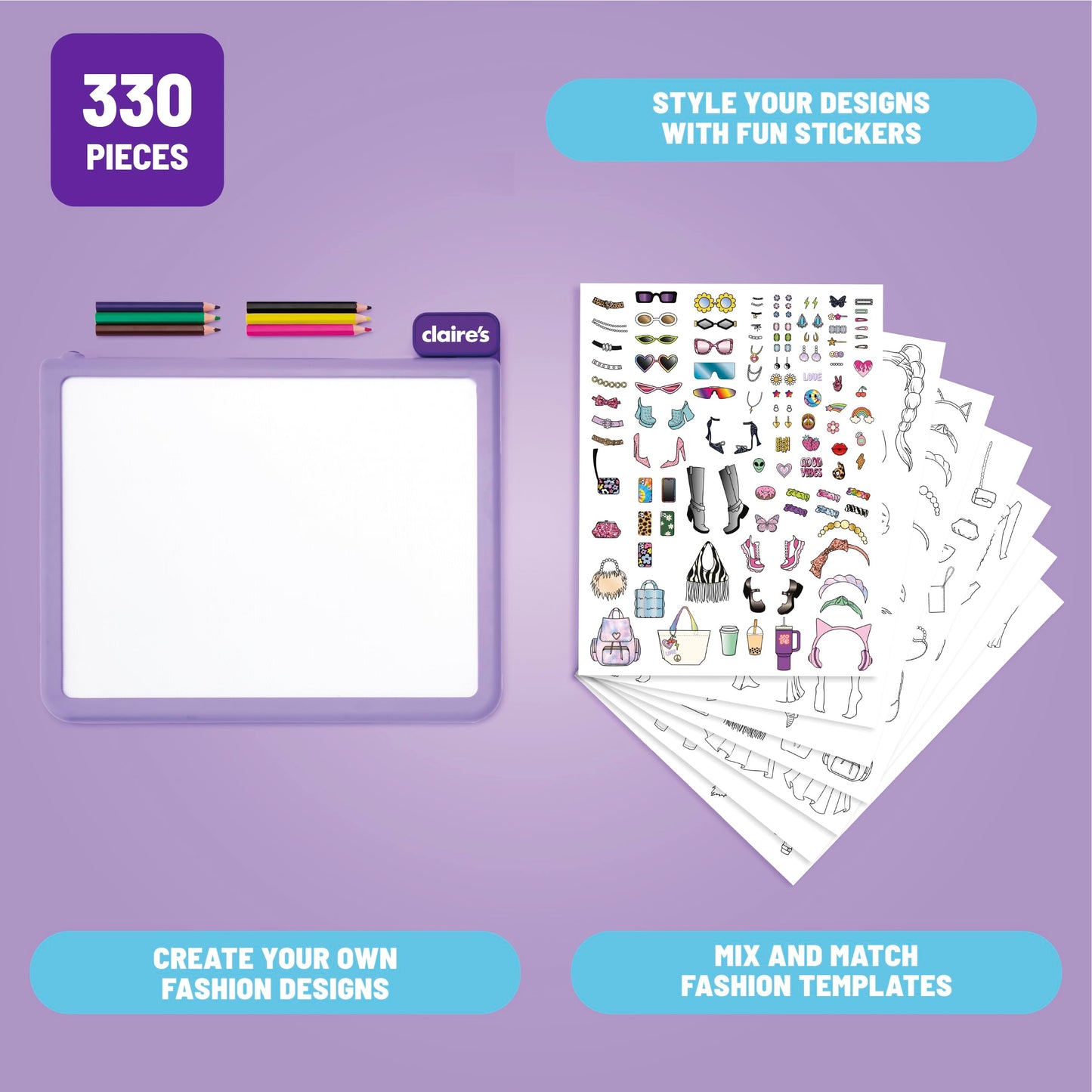 Claire’s Light-Up Fashion Designer LED Tracing Tablet – 330-Piece Design Kit with Templates, Stickers, Paper & Hidden Pencil Storage