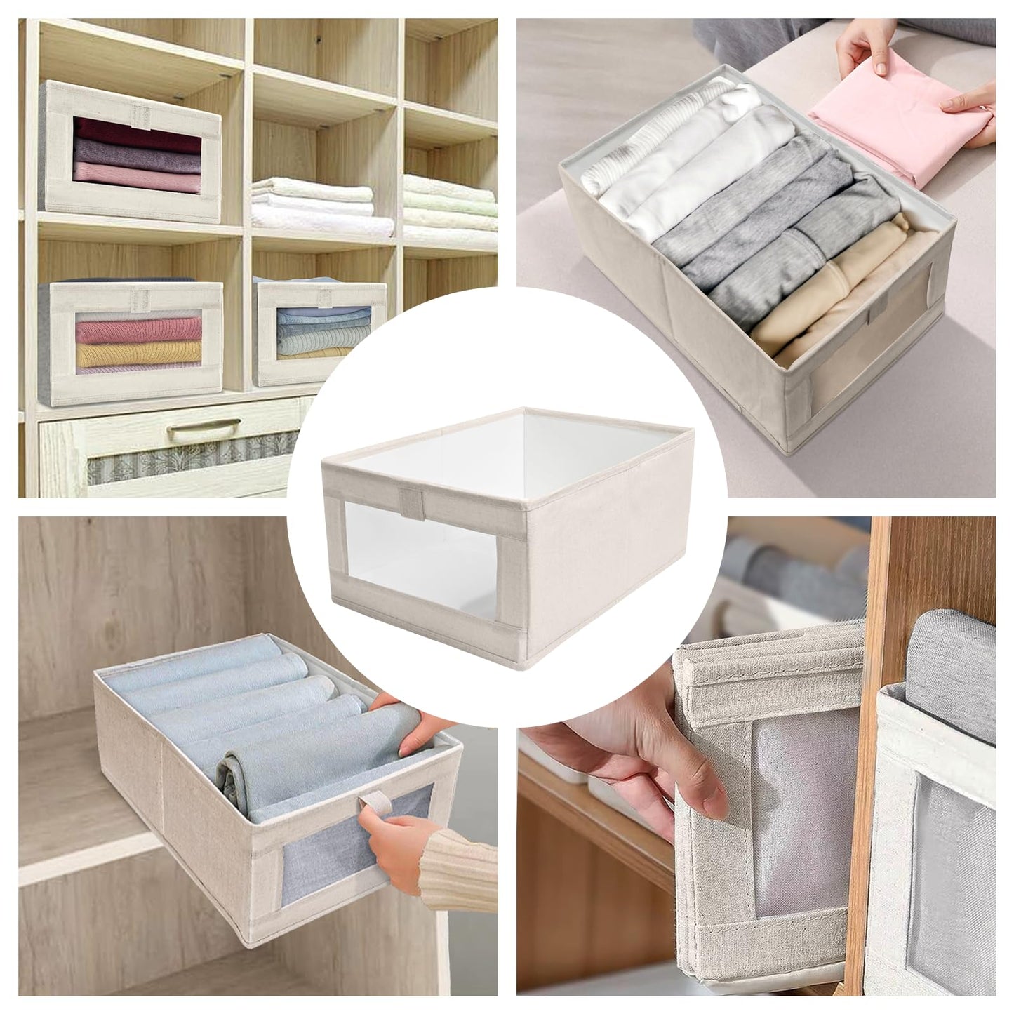 12 Pack Linen Organizers and Storage, Closet Storage Bins Linen Closet Baskets for Organization Foldable Organizer Bins with Clear Window for Organizing Clothing, Beige