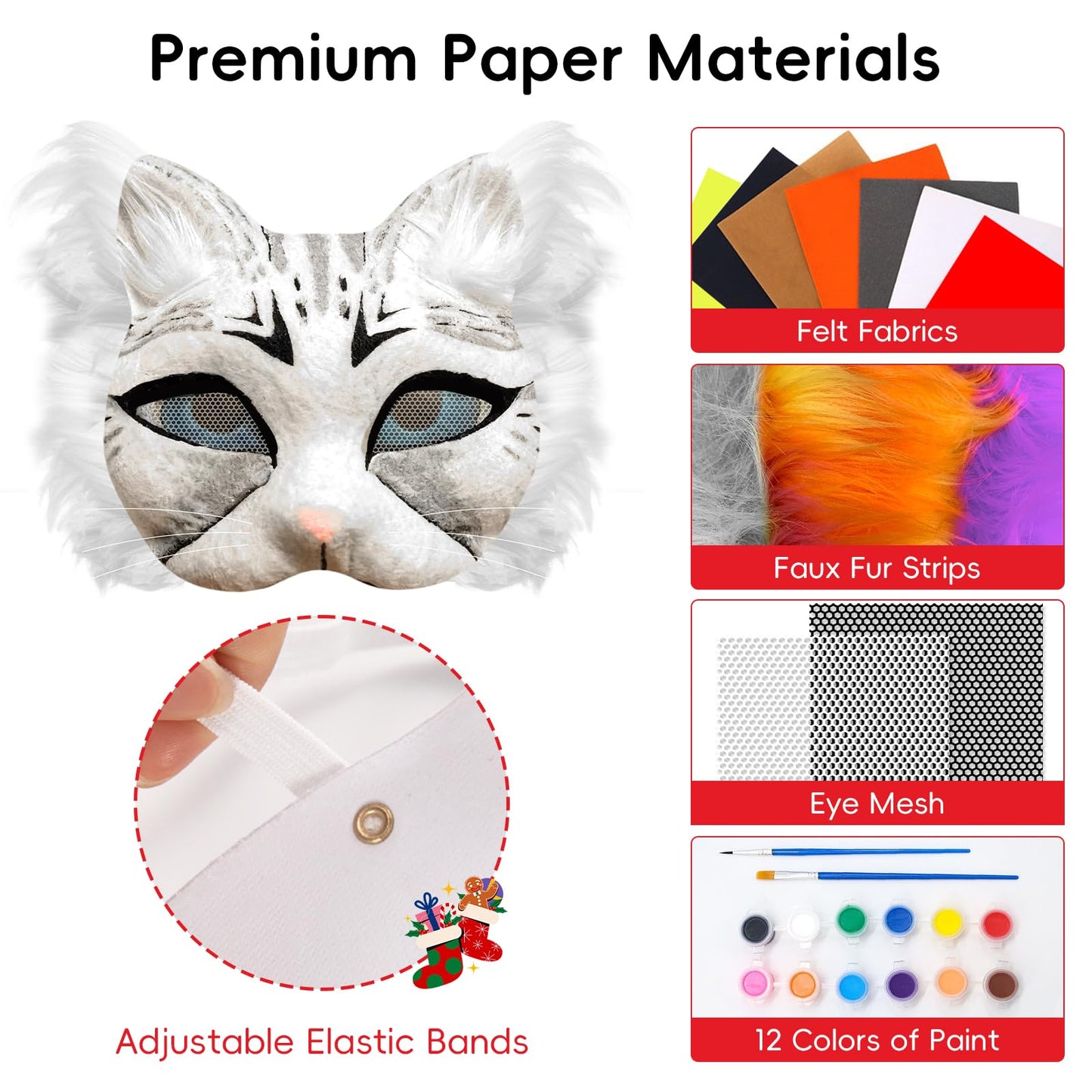 44 PCS Therian Mask Kit Halloween Cat Masks Arts Crafts Kit DIY Furry Masks to Paint Therian Tail Mask Making Kit with Halloween Stickers Gems Stickers Felt Fabric Sheet Fur Eye Mesh