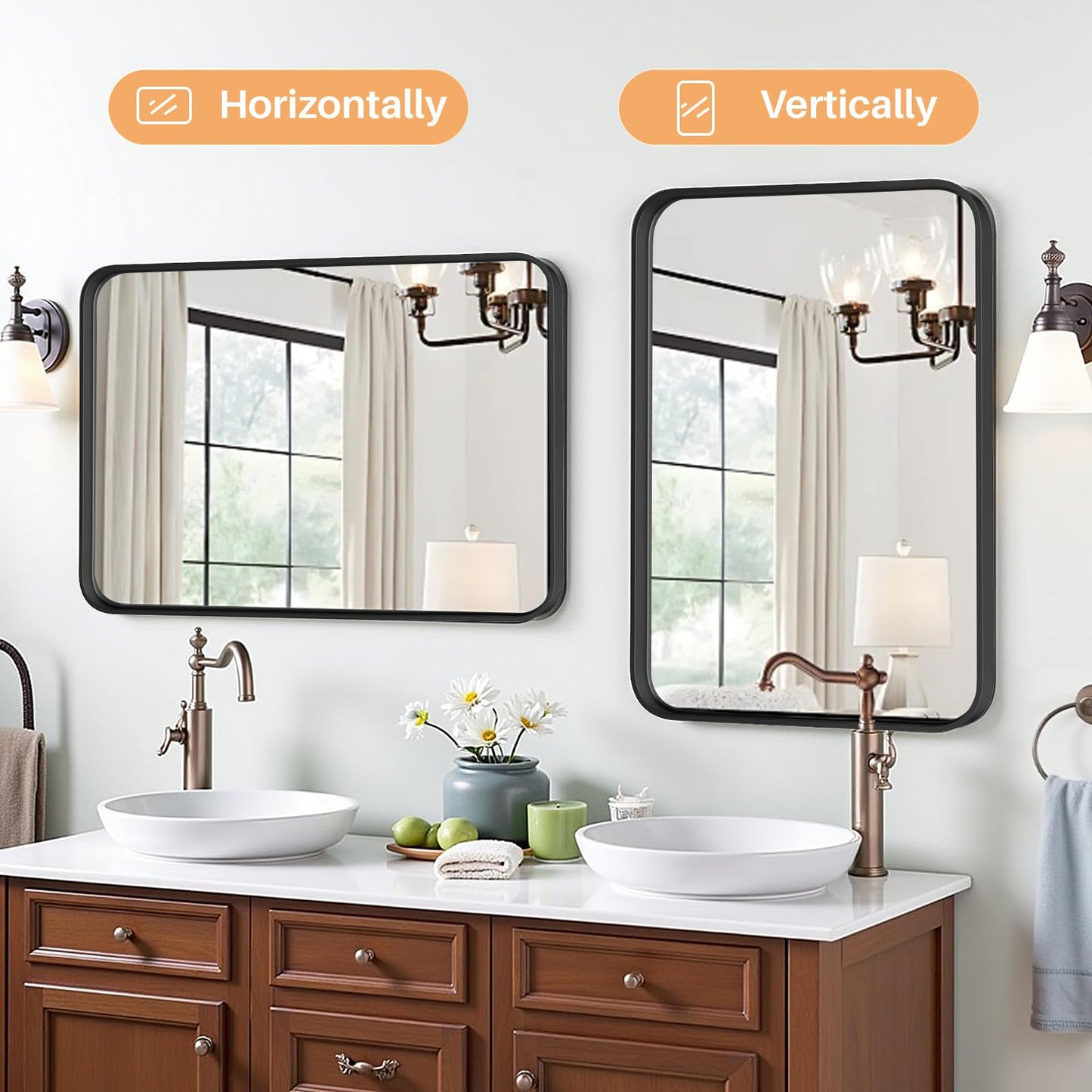 Bathroom Mirror for Wall, 30x22 Inch Rounded Rectangle Mirror, Black Metal Framed Bathroom Vanity Mirror for Restroom Farmhouse, Anti-Rust, Tempered Glass, Horizontally or Vertically Hanging