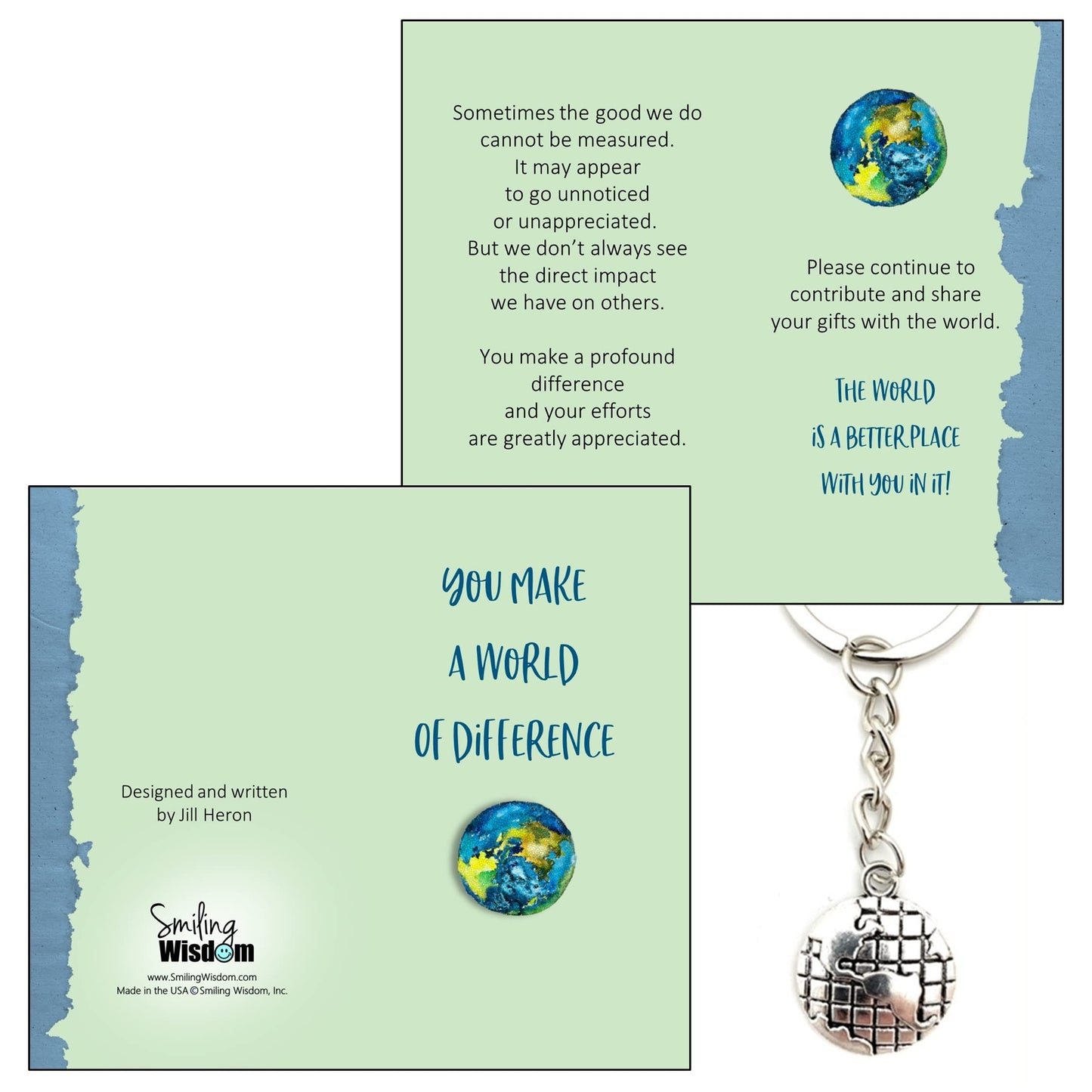 Smiling Wisdom - 20 Bulk Gifts - You Make A World of Difference - Staff Employee Appreciation 3.5x2in Cards & Keepsake Gifts - 60pcs - Silver World Keychains