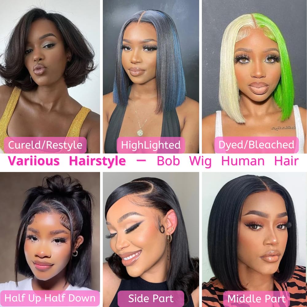 Short Bob Wigs Human Hair 13x6 Straight Bob Lace Front Wig Human Hair 200 Density 16 Inch Transparent Hd Lace Frontal Bob Glueless Wigs Pre Plucked Cut with Baby Hair Natural Black Color for Women