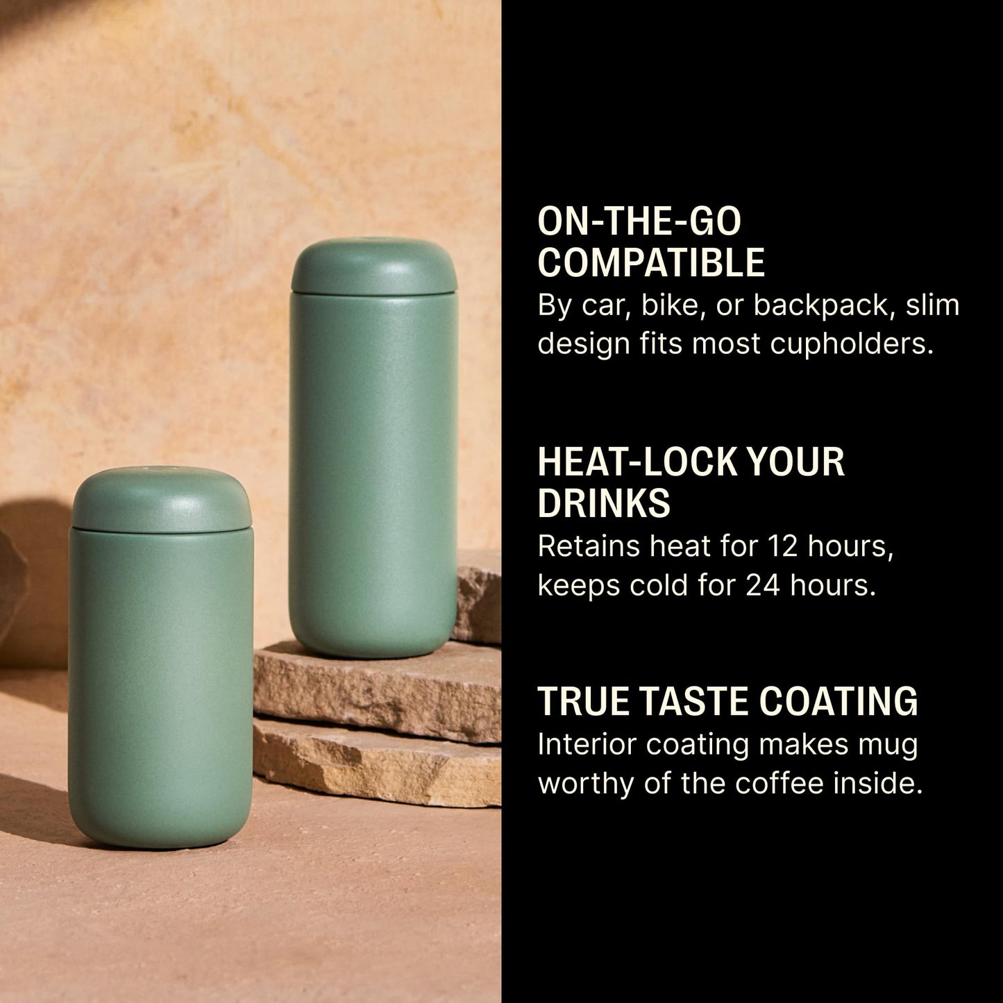 Fellow 16 oz Carter Move Travel Mug - Vacuum-Insulated Stainless Steel Travel Coffee Mug - Coffee Tumbler with Ceramic Interior and Splash Guard - Smoke Green