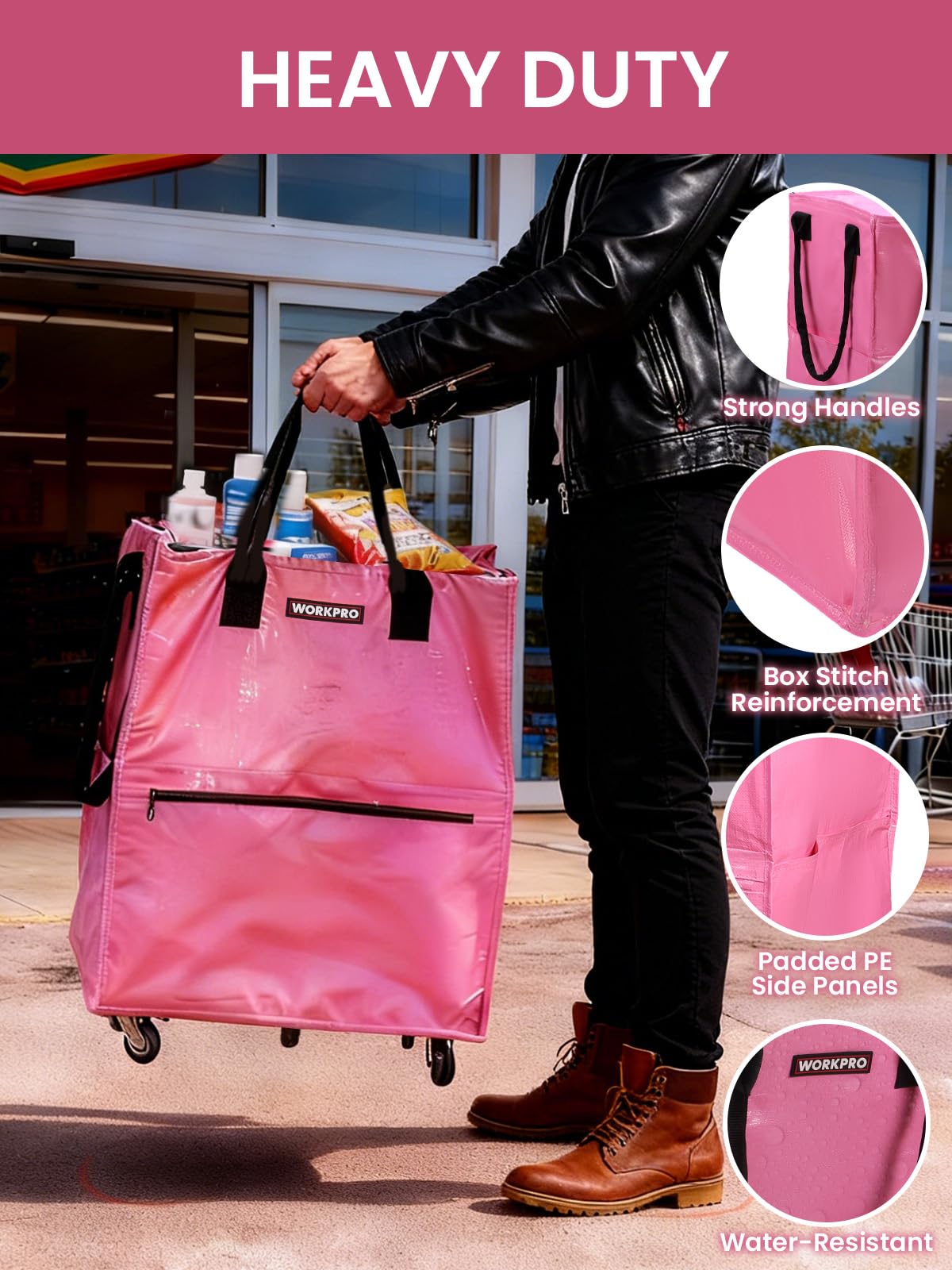 WORKPRO Large Rolling Grocery Bag, 36-Gallon Tote with 5 Wheels, 110 lbs Capacity, Dual Carry, Wide Zipper & Extra Storage for Shopping, Laundry & Moving