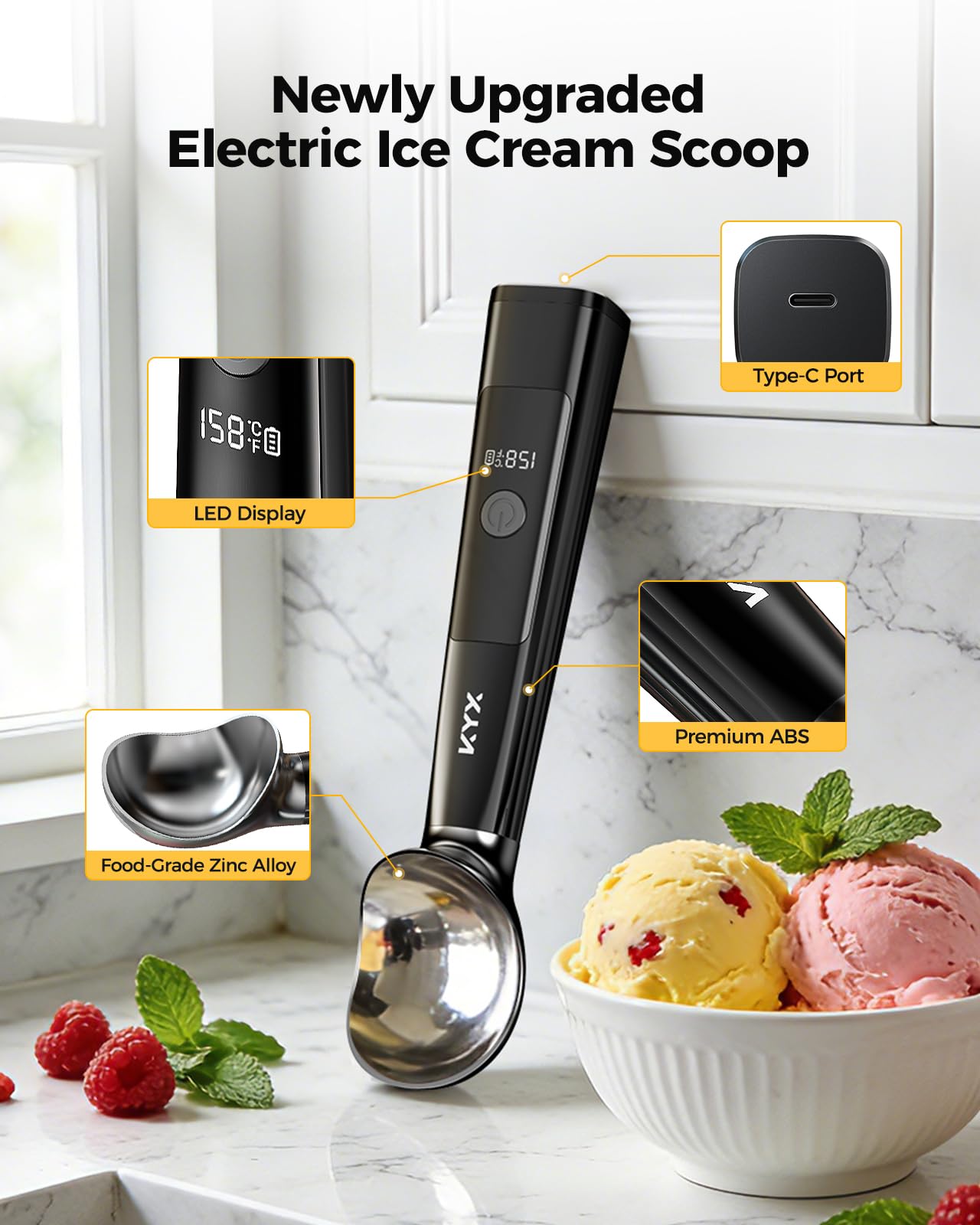 KYX Heated Ice Cream Scoop Rechargeable, Electric Ice Cream Scoop with 3-Level Heat 95-158°F, LED Display, IPX6 Waterproof, 3200mAh Battery, Easy Scoop for Hard Ice Cream, Gelato & Frozen Desserts