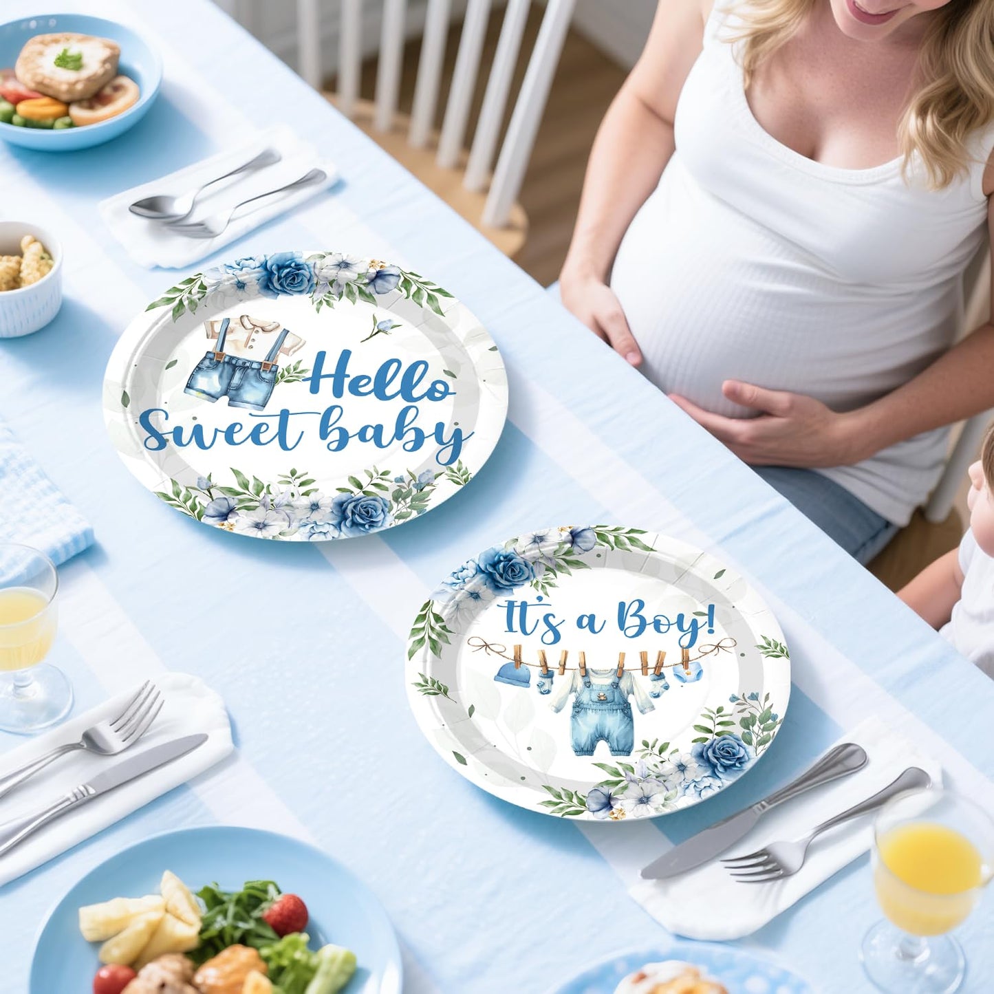 cocomigo 260PCS Baby Boy Baby Shower Decorations All-in-One Set with Baby Boy Balloon Arch, Tableware, Advice Cards, Cake Topper, Balloon Box, Backdrop, Sash, Corsage, Etc. Serves 20