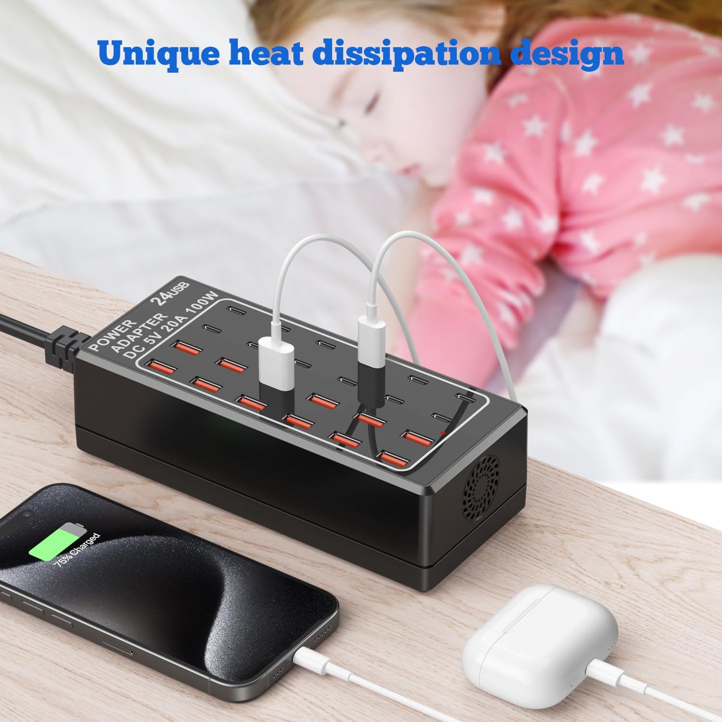 USB Charger, USB C Charger Block, 100W (20A) 24 Port Multiple USB Charger Station Desktop USB Wall Charger 12 USB C 12 USB A Compatible for Apple iPhone, iPad, Samsung Galaxy, Laptop, Pixel, Phones