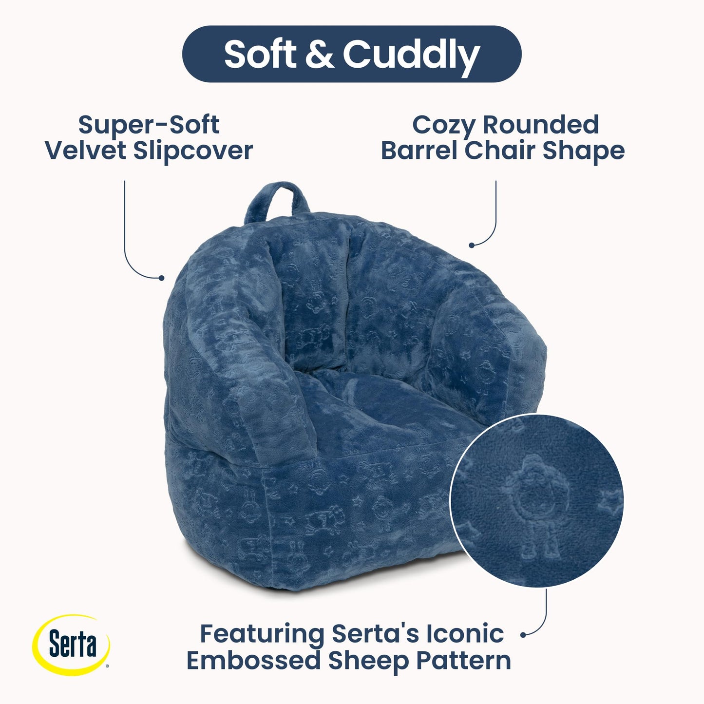 Delta Children - Serta Kids Plush Barrel Toddler Chair, Soft Foam Chair Bean Bag Chair Alternative for Boys and Girls, Cozy Seat for Reading, Watching Cartoons, Playroom Nursery Bedroom, Denim Blue