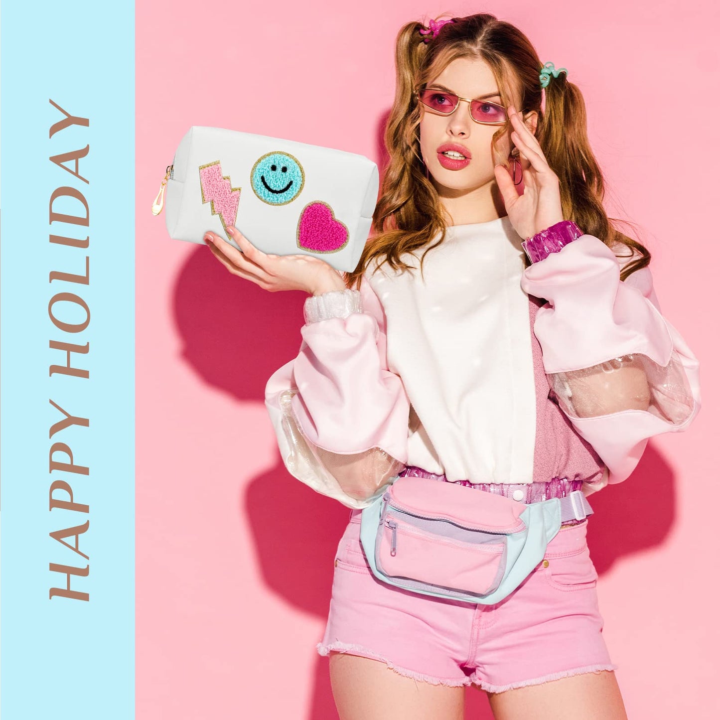 Sanwuta 12 Pcs Preppy Patch Makeup Bag Chenille Letters Cosmetic Bag Pu Leather Preppy Organizer Small Smile Lightning Heart Toiletry Pouch Portable Waterproof Storage Purse Pouch for Women Adults
