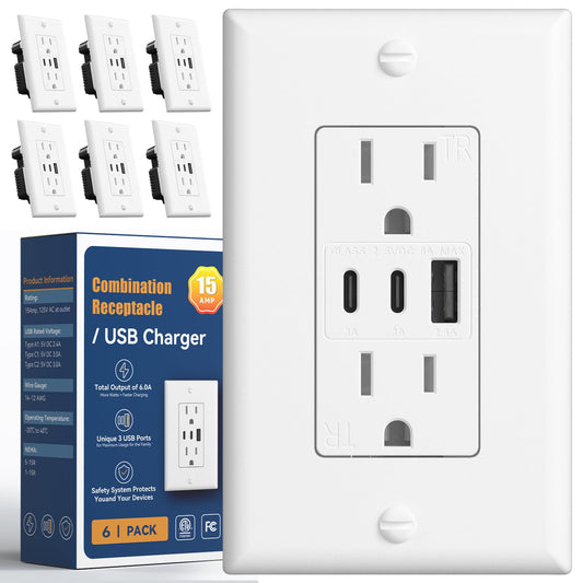 Amico 6.0A USB Outlet 6 Pack, 3-Port 30W Wall Outlets with 2 Type C & 1 Type A, 15 Amp Receptacle Plug, Tamper Resistant Receptacle, Wall Plate Included, ETL Listed, White