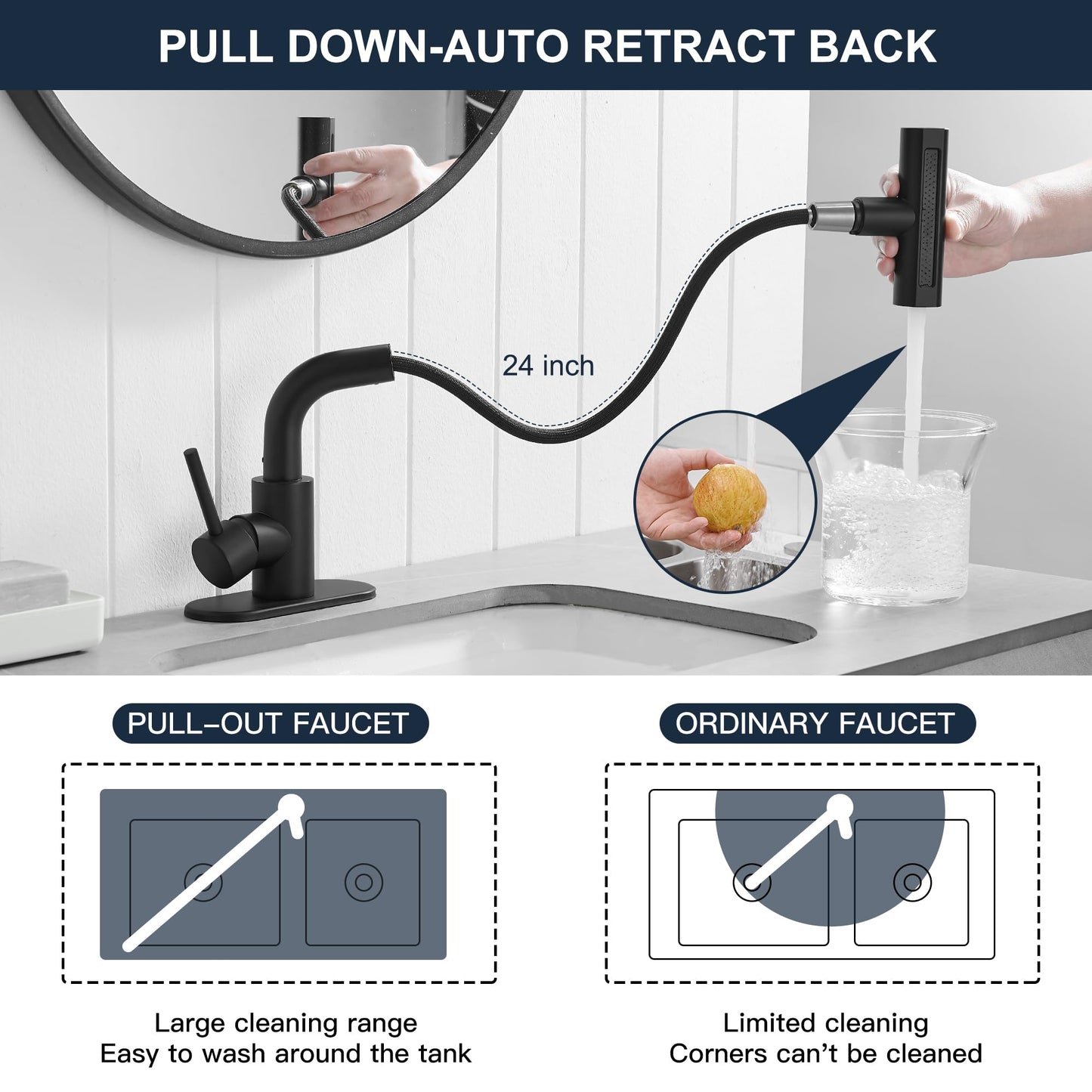 Kroias Matte Black Bathroom Sink Faucet with 4 Mode Pull Down Sprayer, Pull Out Bathroom Faucet with Pop-Up Drain, 1 or 3 Hole Single Handle Laundry Bar Vanity Rv Faucet with cUPC Supply Lines