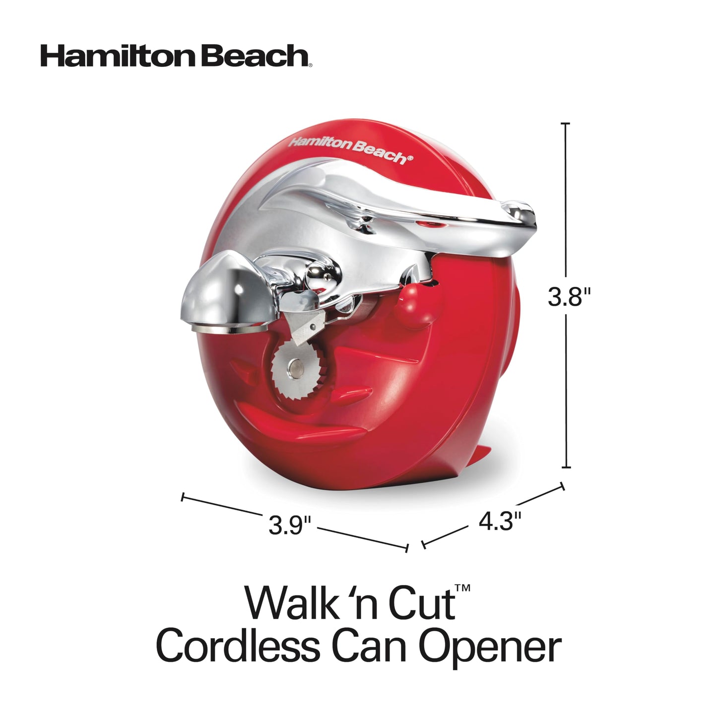 Hamilton Beach Walk 'n Cut Electric Can Opener for Kitchen, Use On Any Size, Automatic and Hand-Free, Cordless & Rechargeable, Easy Clean Removable Blade, Red (76506)