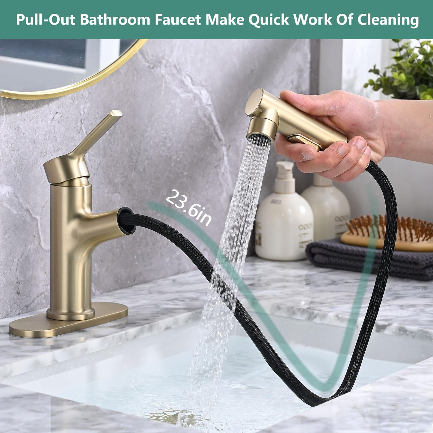 Besfelos Bathroom Sink Faucet with Pull Out Sprayer, Single Handle Modern Bathroom Basin Faucet with Pop-up Sink Drain Stopper & Deck Plate 1 or 4-inch Centerset 3 Hole, Gold