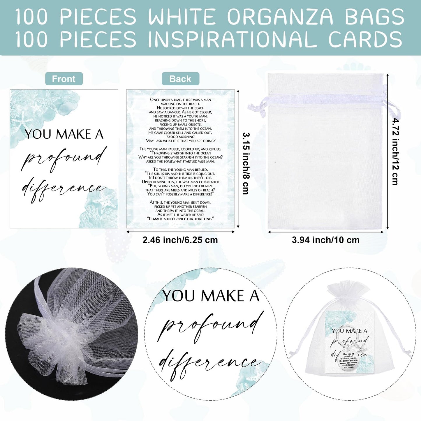 Huquary 100 Sets Starfish Story Gifts You Make a Difference Keychains with Cards Appreciation Gifts for Coworkers Employee Office