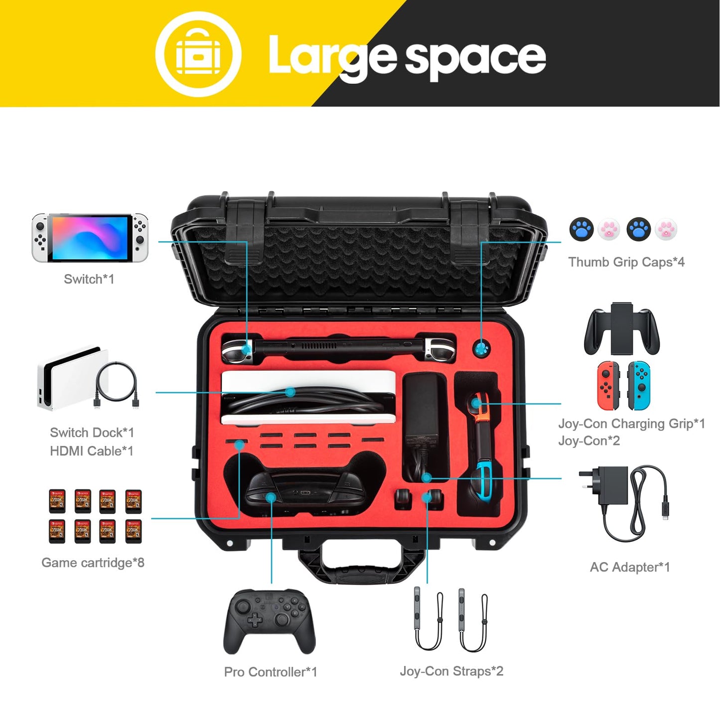 DEVASO Carrying Case for Nintendo Switch/Switch OLED, Professional Deluxe Waterproof Travel Case Soft Lining Hard Case for Nintendo Switch OLED Model (2021) Console Pro Controller & Accessories