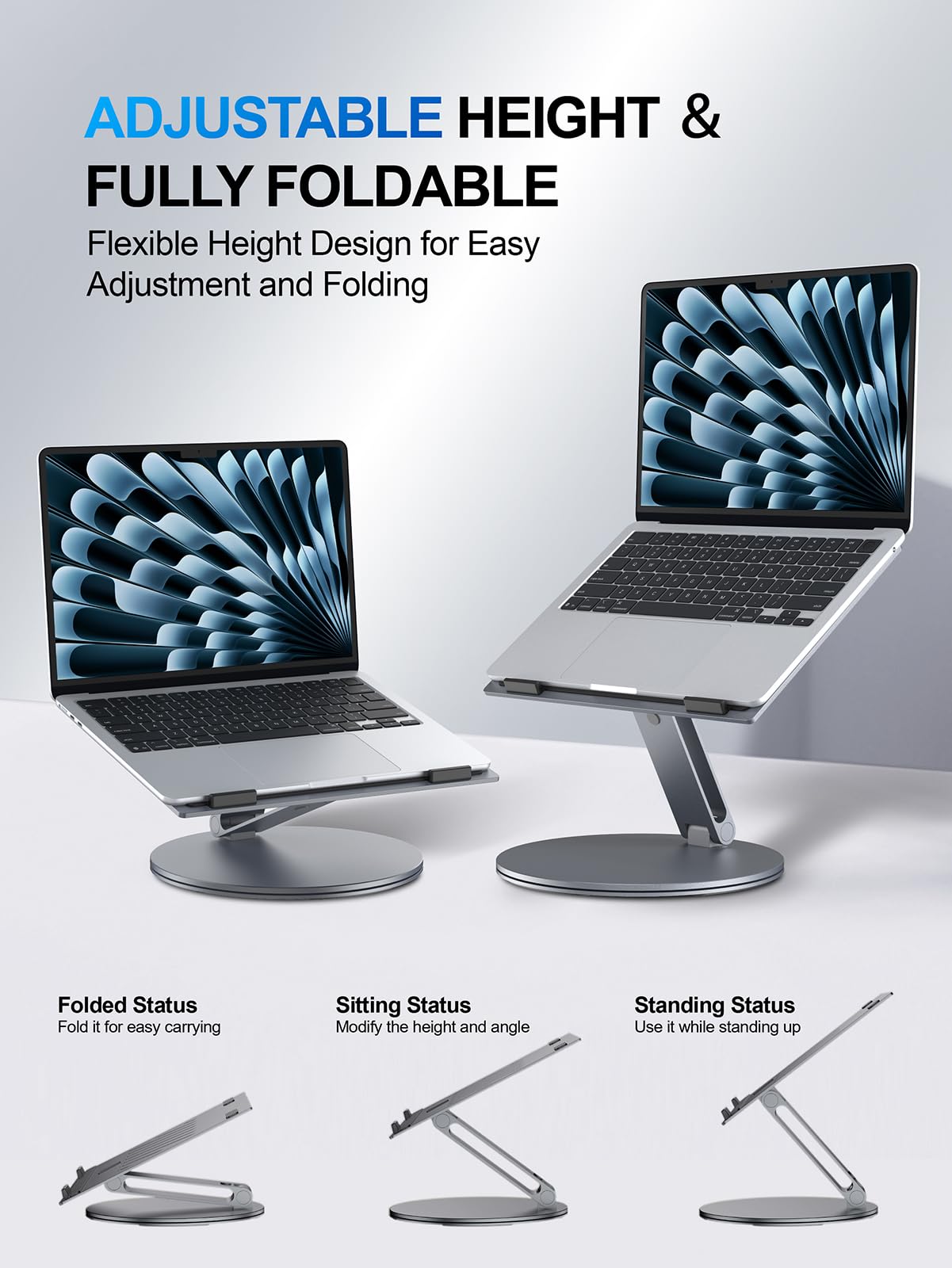 YICOSUN Laptop Stand for Desk, 360° Rotating Height Adjustable Computer Stand, Ergonomic Aluminum Laptop Riser with Ventilated Cooling, Foldable for 10-16 inch MacBook Pro Air Neo Dell HP - Gray