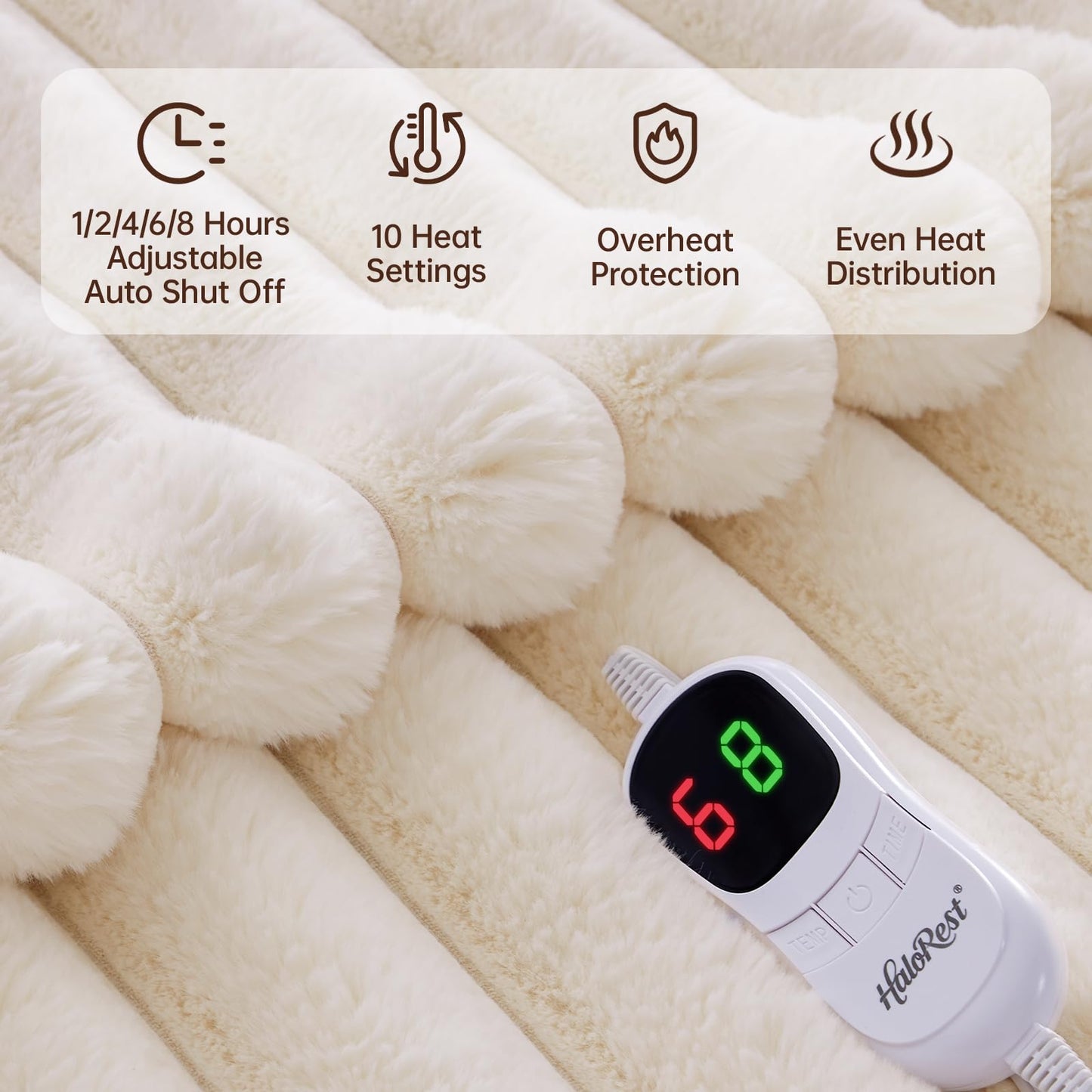 HaloRest Heated Throw Blanket, Faux Fur Cozy Heating Blanket with Overheat Protection, 1/2/4/6/8 Hours Auto-Off 10 Heat Level, Machine Washable (50x60 Inches, Cream White)