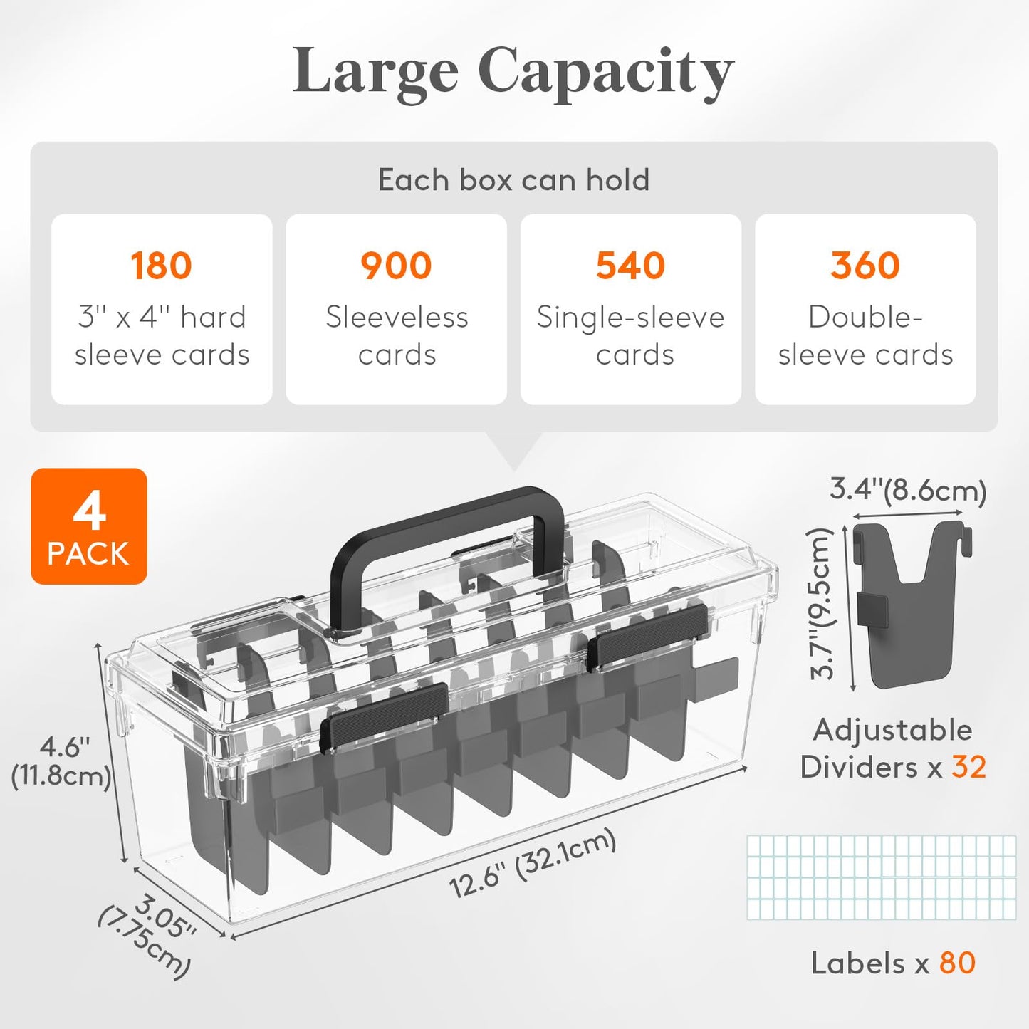Lifewit Trading Card Storage Box fit for Toploader, Stackable Reinforced Latch Case with 8 Adjustable Dividers, Writable Labels, Organizer for MTG TCG Sports Baseball Bulk Cards, 4 PCS