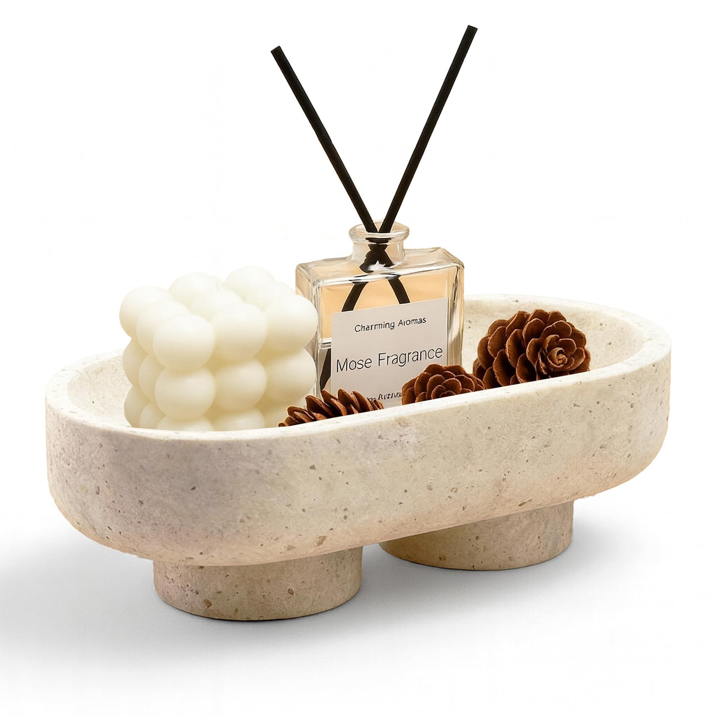 VERSSURE Natural Oval Travertine Decorative Bowl,Marble Friut Bowl with 2 Legs,Vanity Decorative Tray, Kitchen Countertop Decorative Bowl for Home Decor (Marble Bowl)