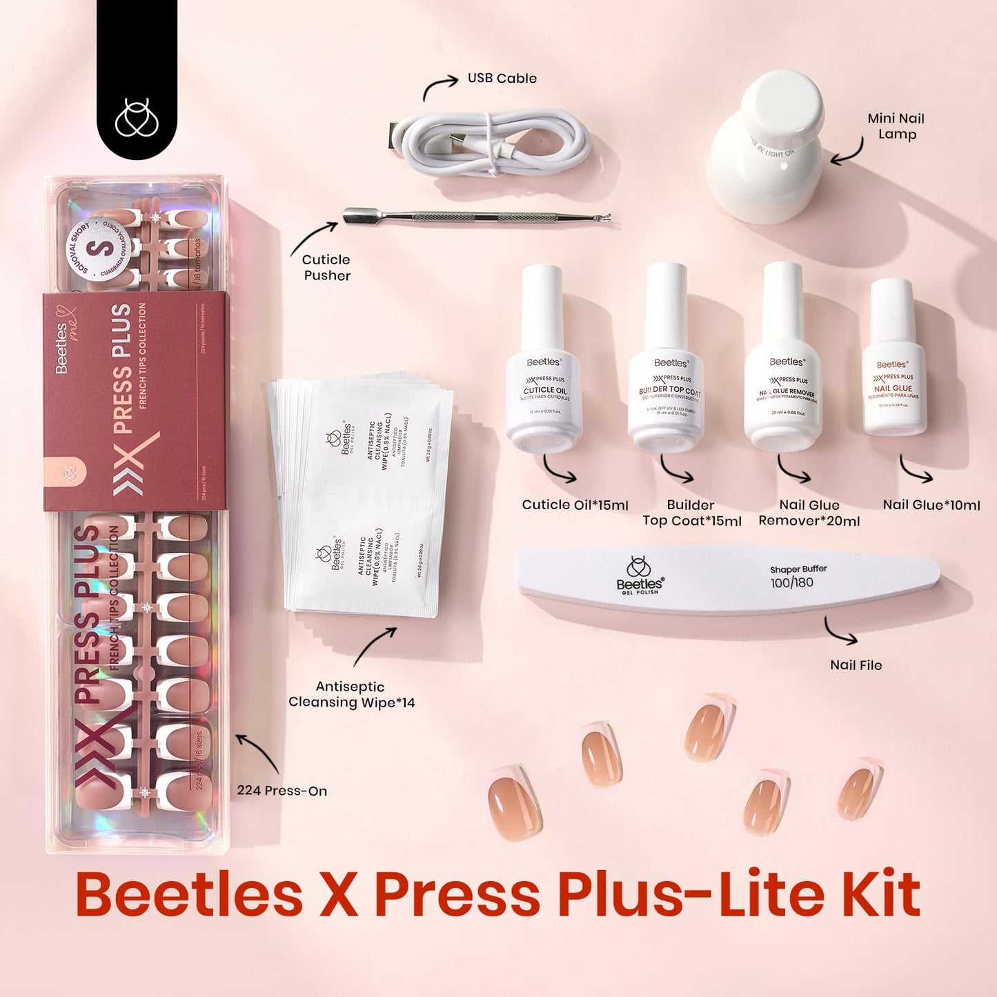 Beetles X Press Kit Gel Nail Kit, Short Square French Tip Press On Nails Kit with 224Pcs French Nail Tips Nail Glue & Remover Builder Top Coat Mini Nail Lamp All-in-One DIY Nail Kit Gift for Women