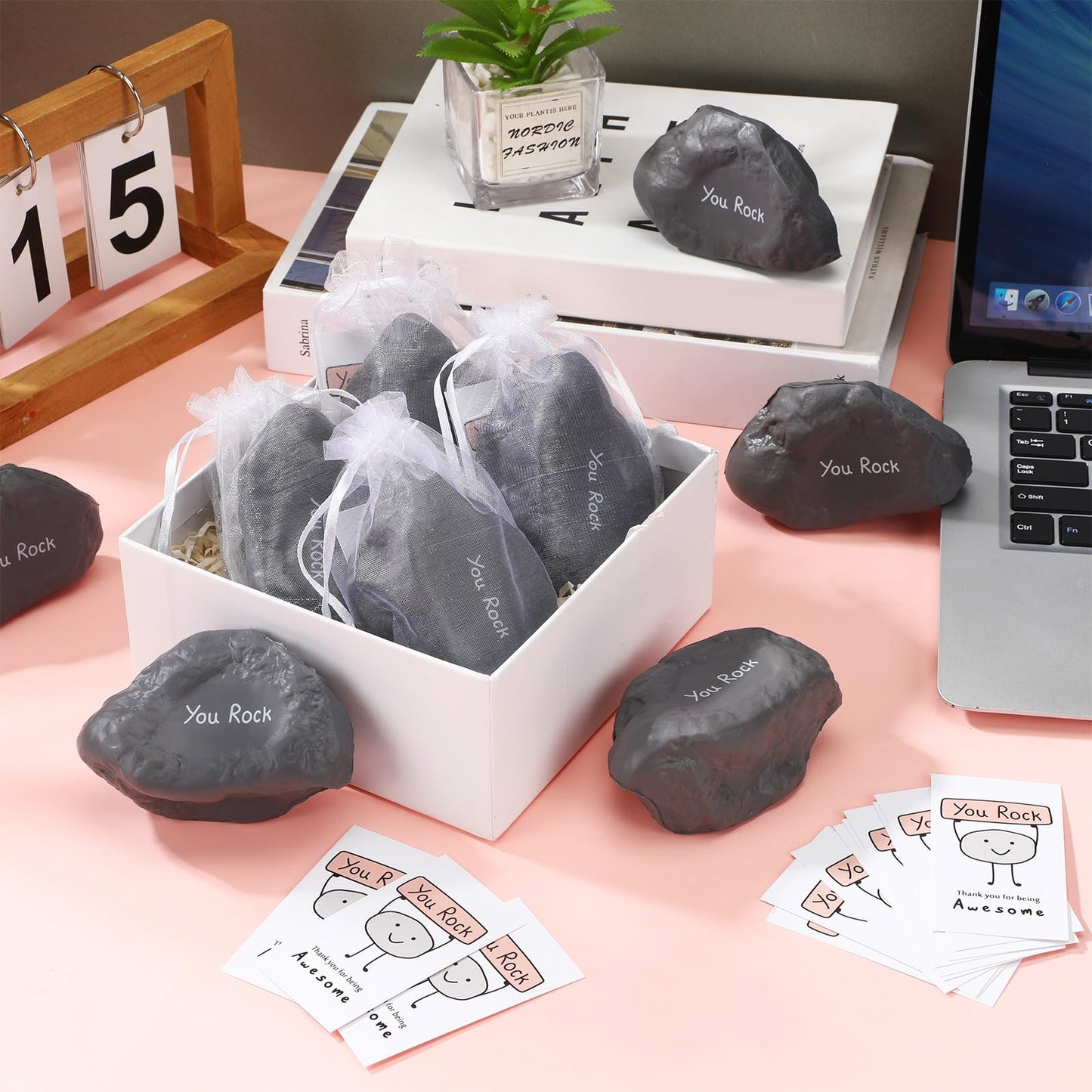 Gemscream Inspirational Stress Foam Stone Bulk Motivational Stress Balls Relief Ball Appreciation Gifts with Card Organza Bag Thank You for Being Awesome Gifts, 4 Inch(50 Set,Stone)