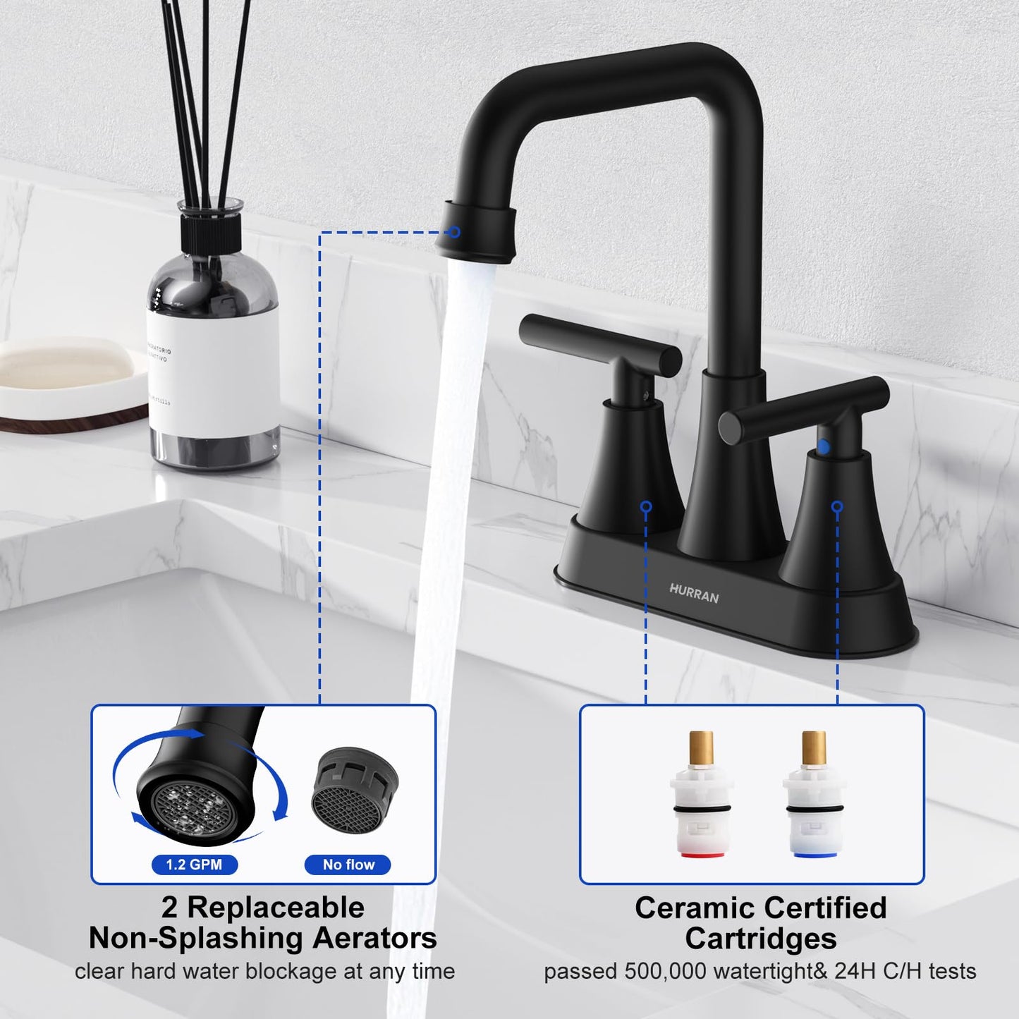 Matte Black Bathroom Sink Faucet, Hurran 4 inch Bathroom Faucets for Sink 3 Hole with Pop-up Drain and Supply Hoses, 360 Swivel Spout Centerset Faucet for Vanity RV Farmhouse, 2 Pack