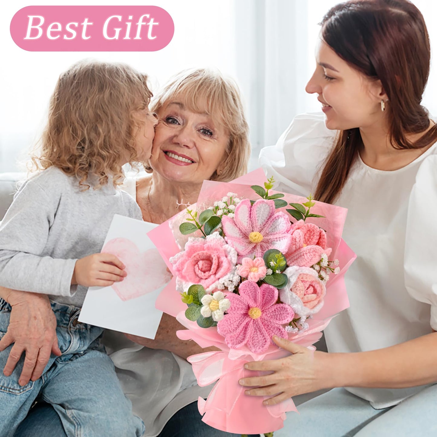 Waipfaru Pink Crochet Flower Bouquet, Handmade Knitted Fake Flowers with Card, Crochet Tulips Roses Flower for Valentines Day Anniversary Birthday Mother’s Day Women Mom Wife Friend