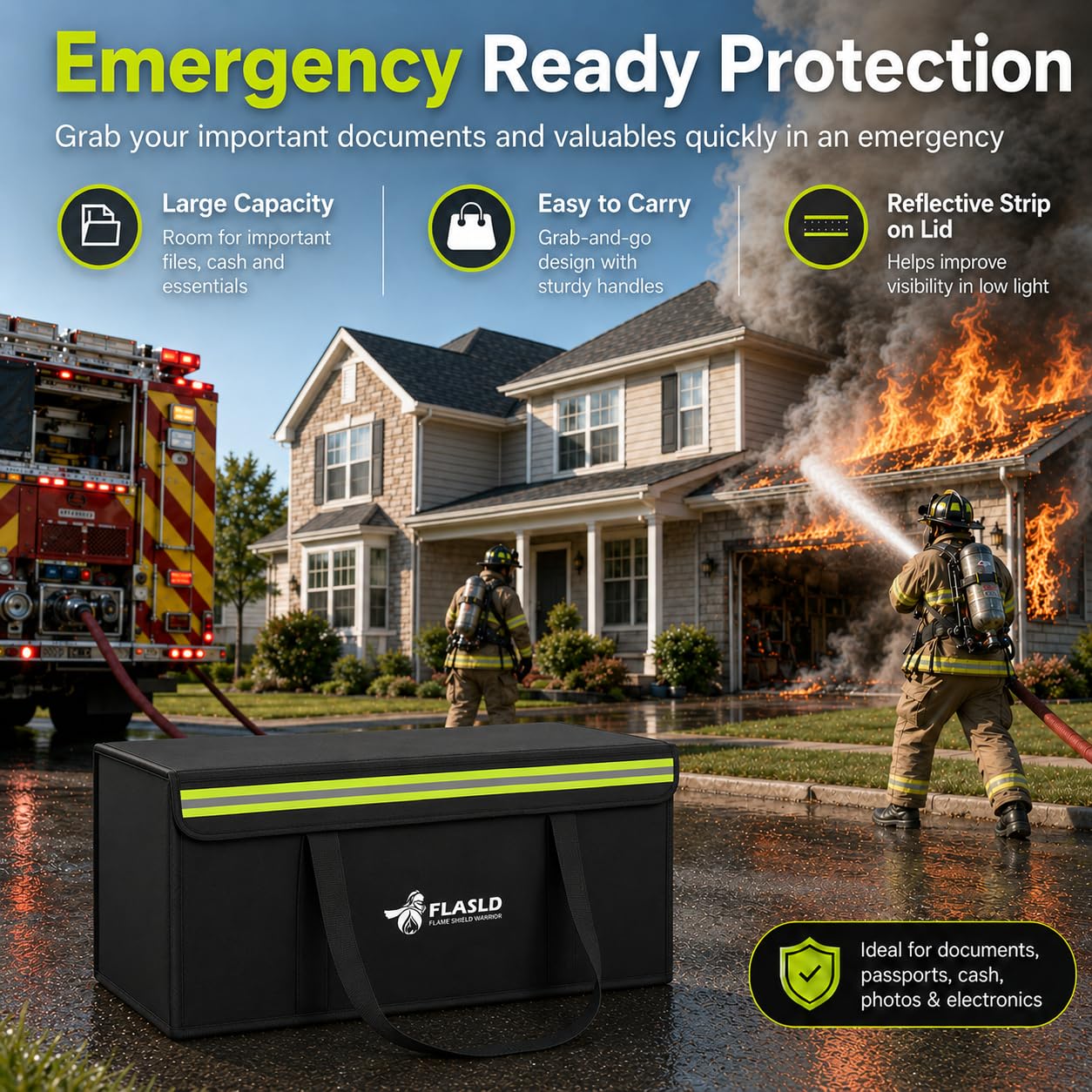 FLASLD Large Fireproof Document Bags, 24x12x12” Waterproof Storage Firesafe Bag, Fireproof Folder Safe Box for Cash, Valuables & Passport, Silicone Coating & Zipper Closure