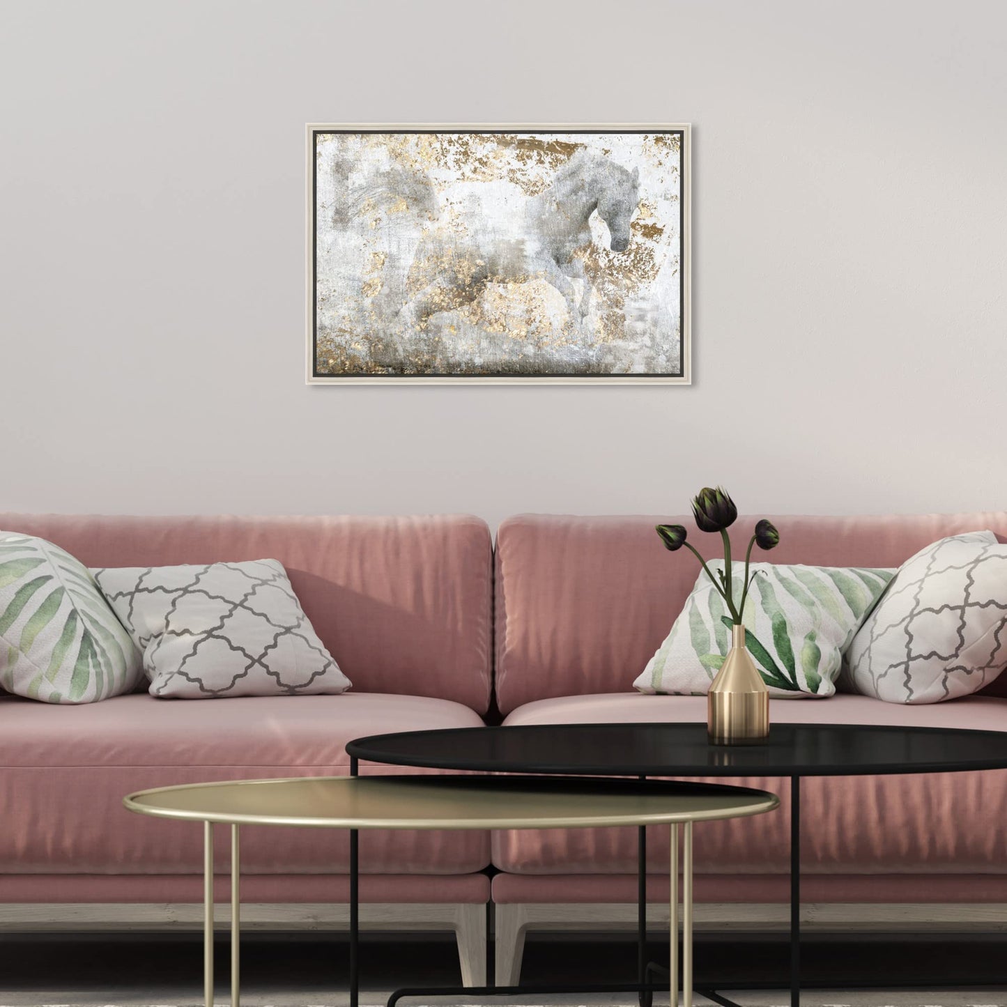 Country Farmhouse Canvas Print Painting Animal Wall Art 'Running Horse' Champagne Framed Canvas Rustic Home Décor 15x10 in White, Gold by Oliver Gal