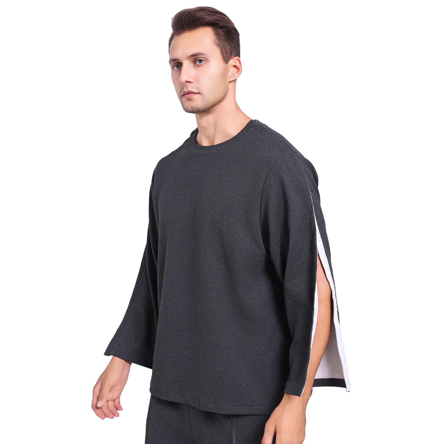 Fleece Dralon Snap On Off Post Shoulder Surgery Shirts Men Chemo Shirts for Port Access Crewneck Tear Way Rehab Recovery T-Shirt with Right & Left Side Full Arm Open Dialysis Clothing