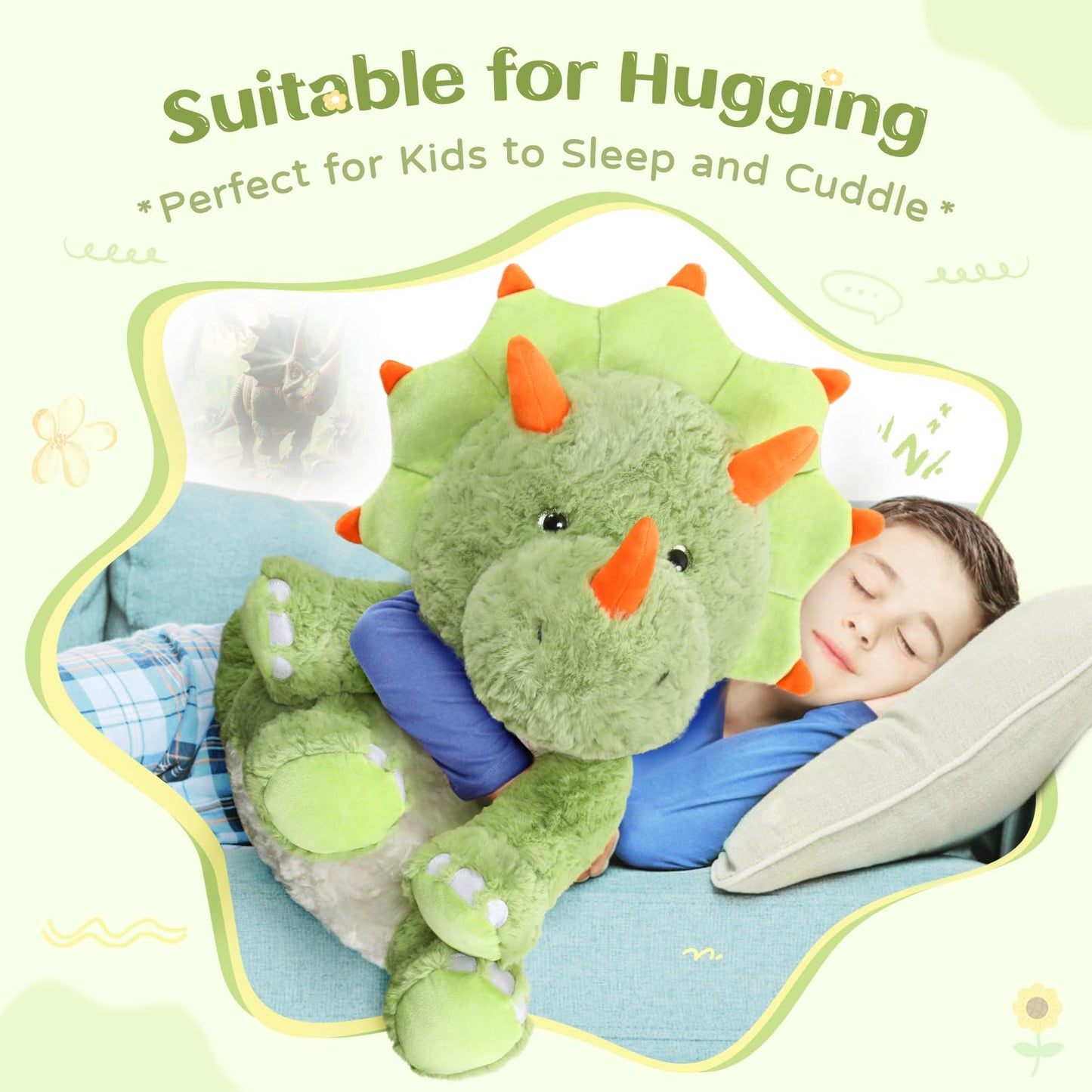 Tezituor 24inches Green Dinosaur Stuffed Animals, Large Stuffed Dinosaur Triceratops Plush Toys, Hugging Soft Dino Plush Pillow for Kids Adult