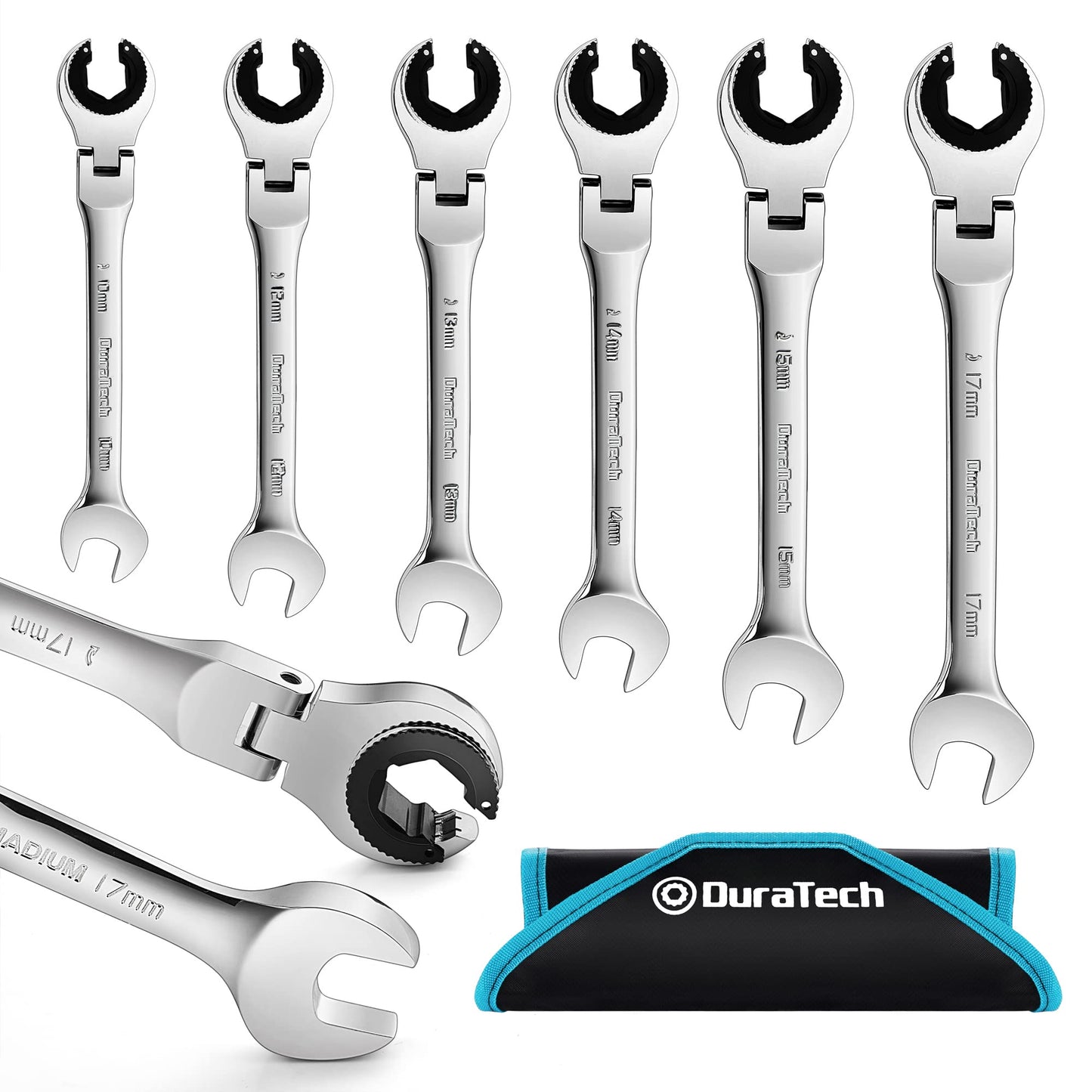 DURATECH 6-Piece Ratcheting Wrench Set with Open Flex-head, Metric Ratcheting Tubing Wrench Set, 10-17mm, 72-Tooth Gear, CR-V Steel, with Organizer Bag, Gifts for Men