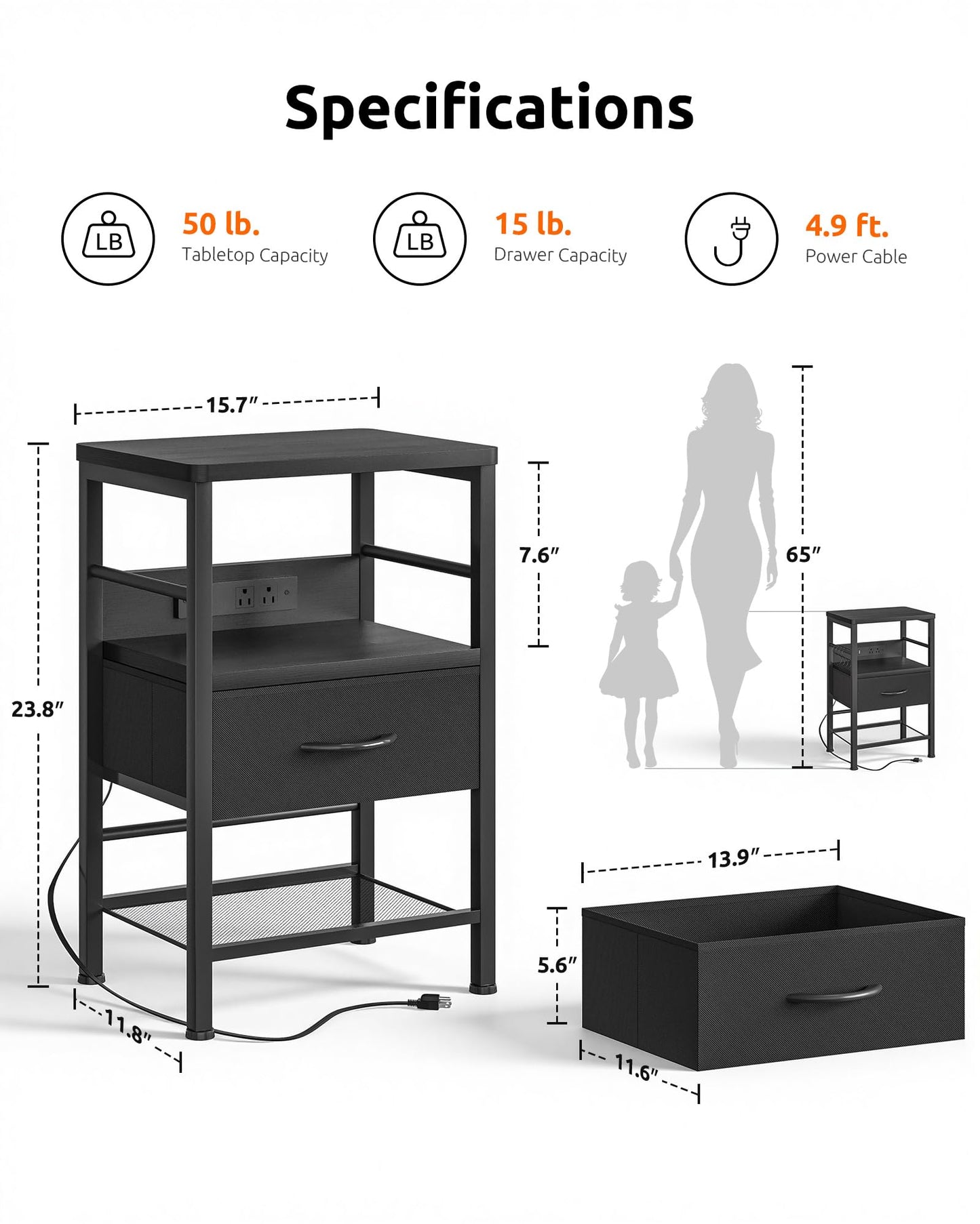 Lazzanto Nightstands Set of 2 with Charging Station, Bedside Tables with Open Shelf & Hooks, End Tables with USB-C USB-A Ports AC Outlets, Night Stand for Bedroom with Fabric Drawer, Black