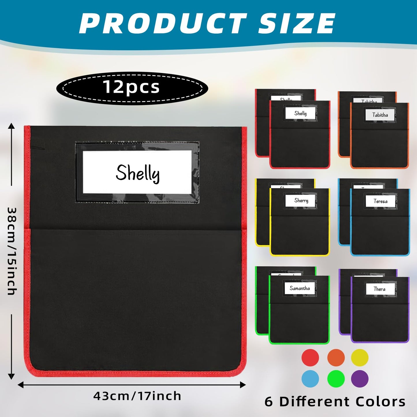 Runpig 12 Pcs Classroom Chair Pockets, 17 x 15 Inch Seat Sacks for Chairs, Buddy Pocket, Chart Seat Back Organizer With Name Tag