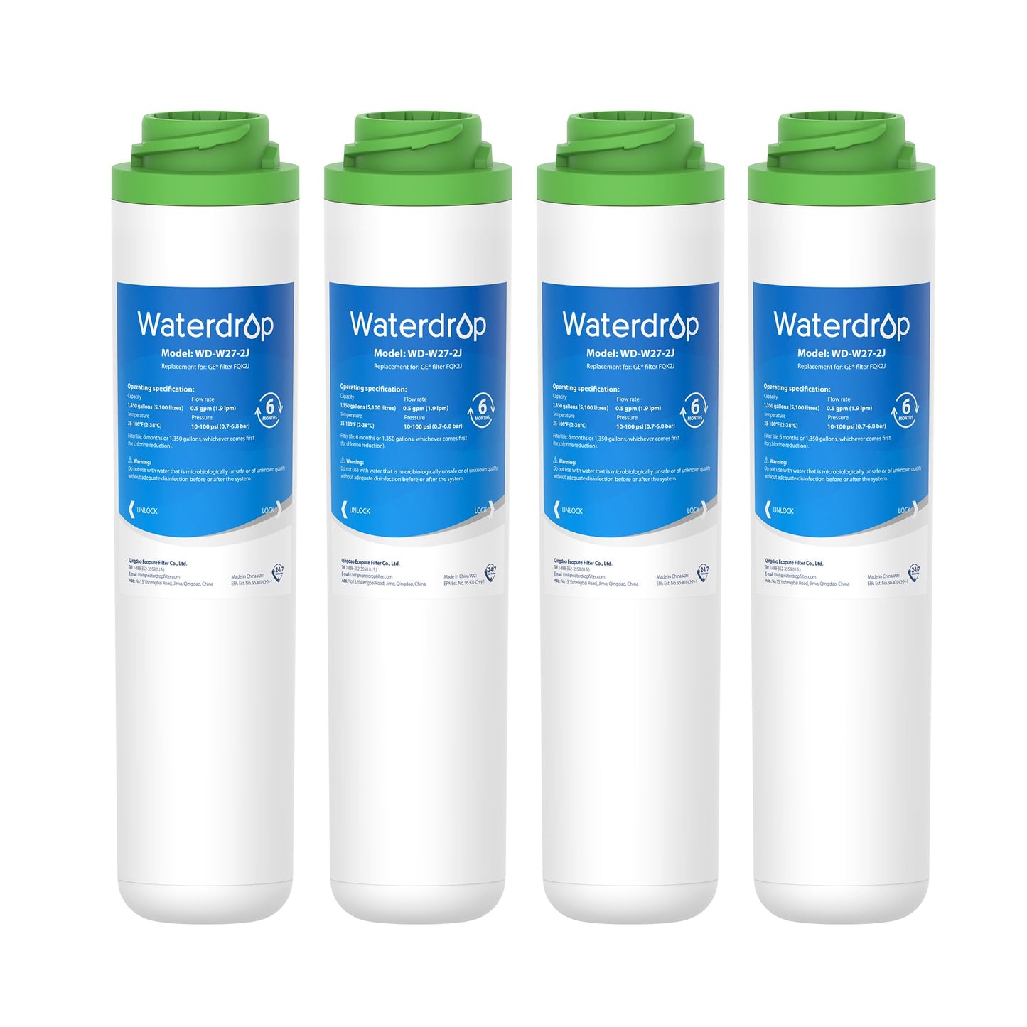 Waterdrop FQK2J Under Sink Water Filter, Replacement for GE FQK2J, FQK1K, Compatible with GE GXK255TBN, 1350 Gallons Dual Flow Drinking Water Replacement Filters, 4 Pack