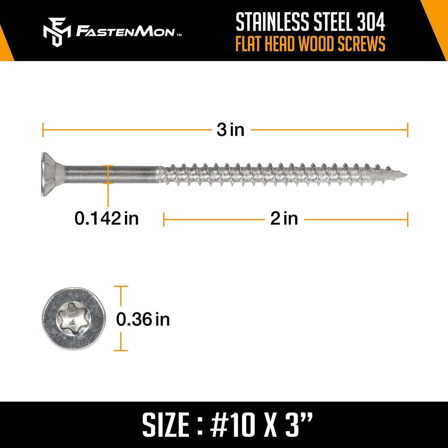 FM FastenMon #10x3 Stainless Steel Deck Screws, 304 Grade, 300 PCS, T25 Star Drive Bit, Ideal for Outdoor Wood Projects, Fences, Benches, Picnic Tables, and Decks, Bulk Box