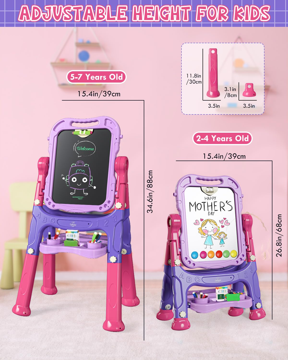 Lehoo Castle Kid Easel, 4 in 1 Double Sided Art Easel with Magnetic White Chalk Board, Adjustable Standing Toddler Easel Board with Painting & Writing Accessories - Gift for Girls