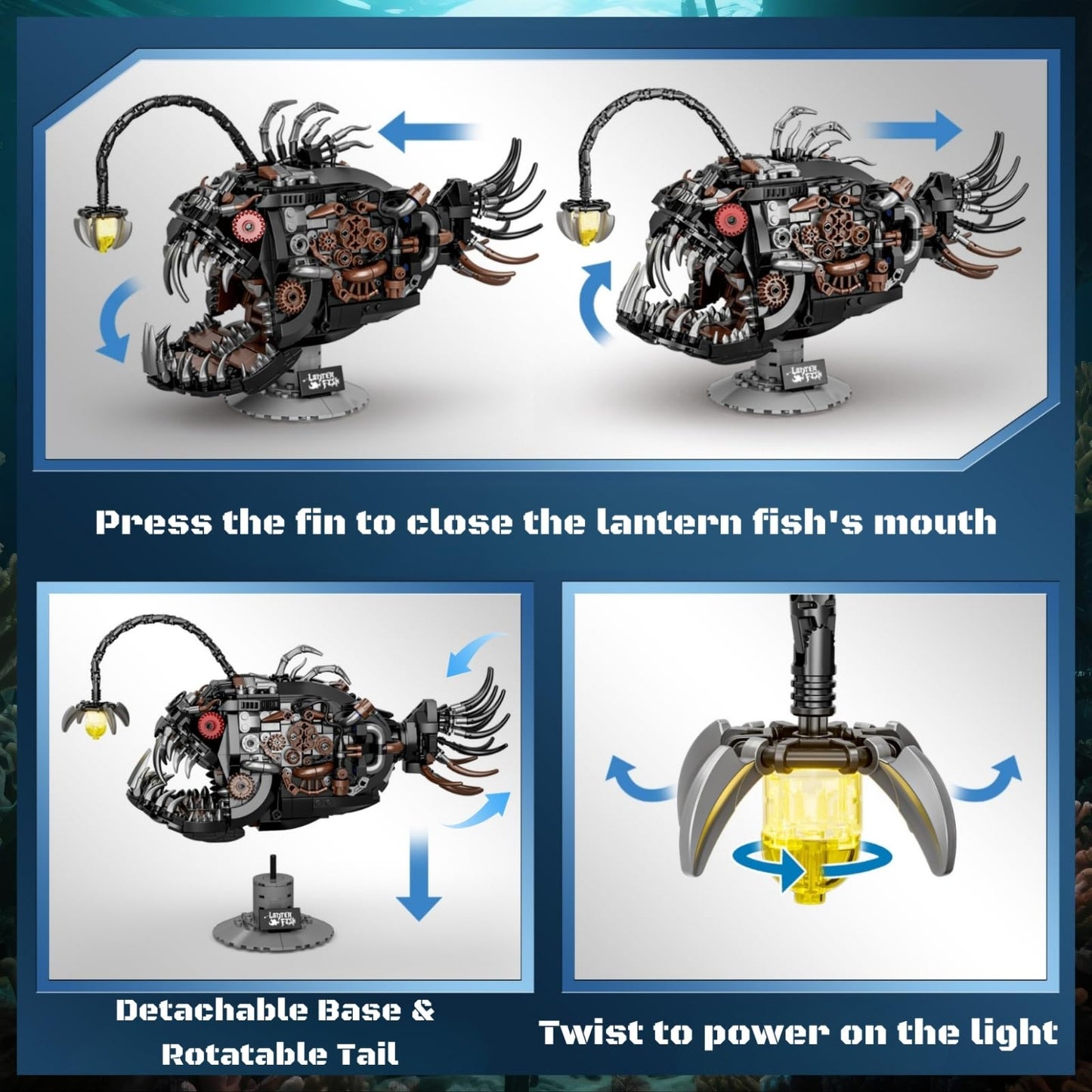 PIVONAX Mechanical Angler Fish Building Block Set - STEM Toys for Boys & Girls 8-14+, Deep Sea Ocean Creature Kit, Home/Office Decor with Light, Great Gift for Kids & Adults(1038+Pieces)