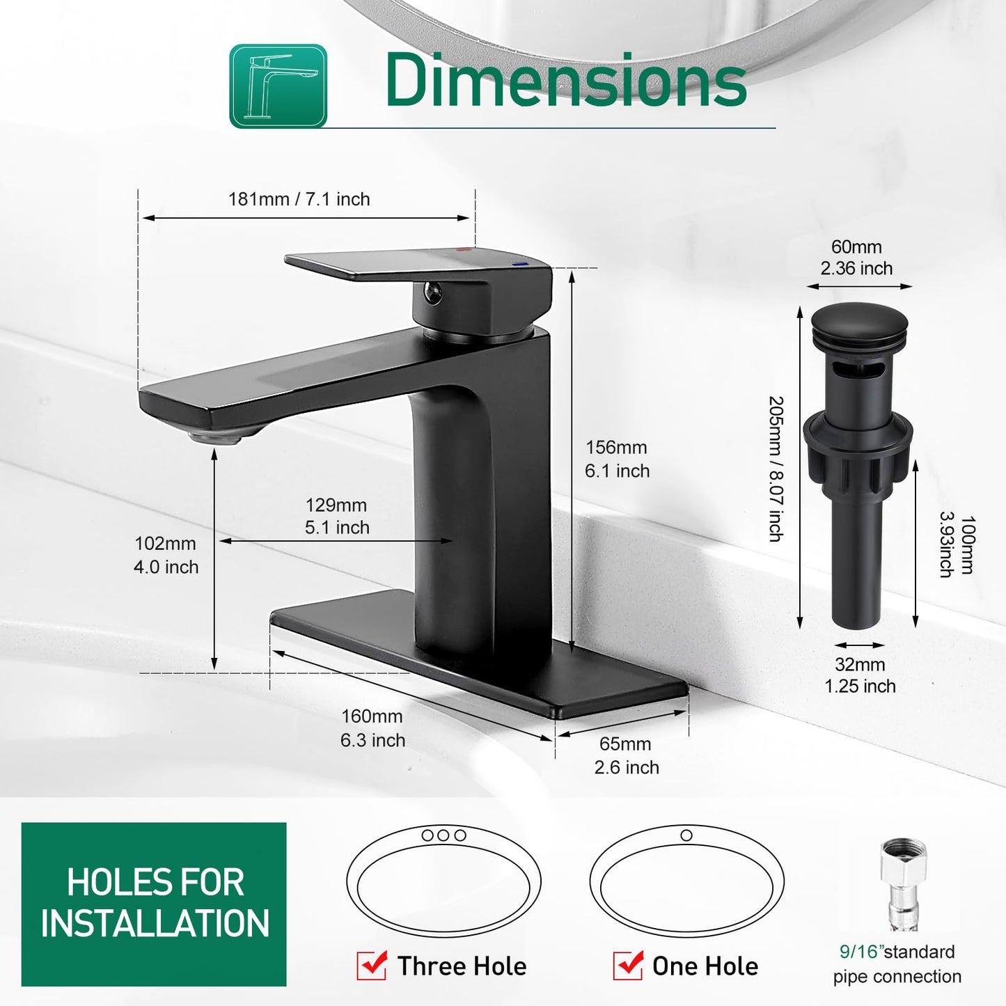 VOTON Black Bathroom Faucet Single Handle Bathroom Faucets for Sink 1 Hole Rv Lavatory Vanity Faucet with Pop-up Drain and Water Supply Lines