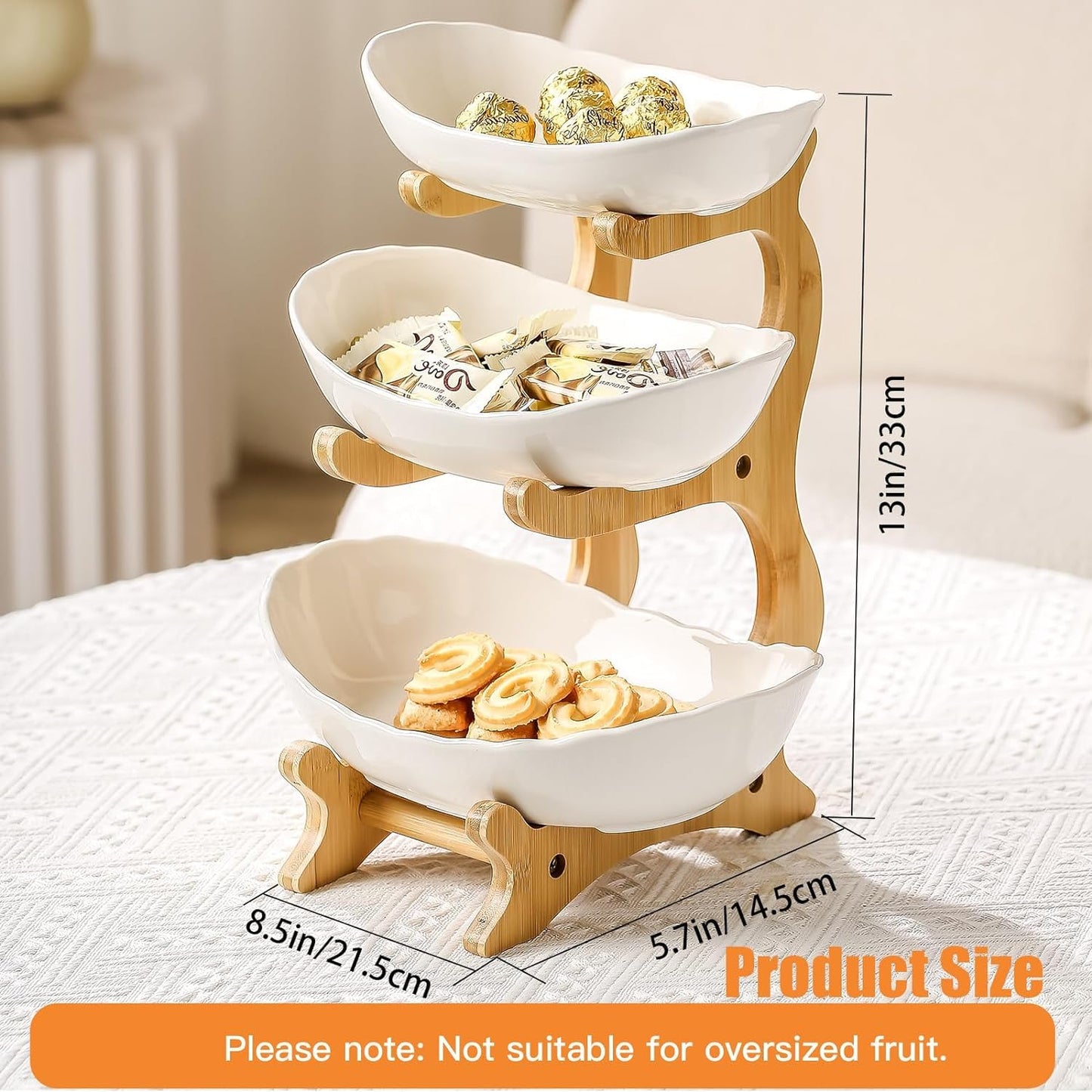 HOMKULA 3 Tier Ceramic Fruit Bowl for Kitchen Counter - Decorative Tiered Fruit Basket Holder Stand Organizer for Kitchen Countertop (White)
