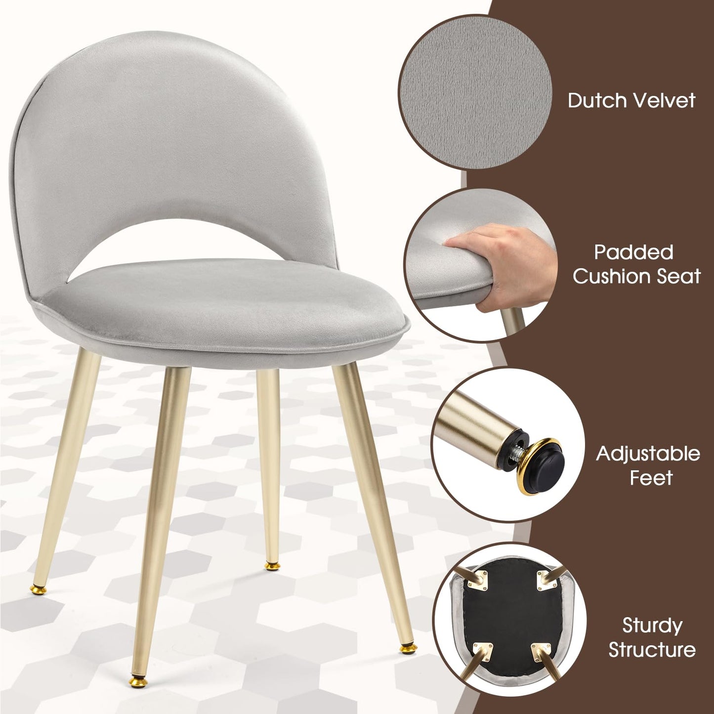 2BYF Home Sherpa Vanity Chair with Adjustable Backrest - Ergonomic Makeup Stool for Bedroom, Soft Upholstered Desk Chair for Home Office, Gold Metal Legs, Modern Seating for Small Spaces Gray