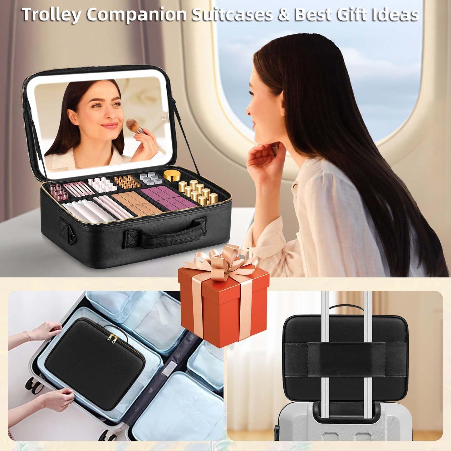 saiggnyy Large Travel Makeup Bag with LED Mirror, 3-Color Stepless Dimming Stand Mirror Detachable, with Adjustable Divider, Makeup Brush Holder Storage (Black)