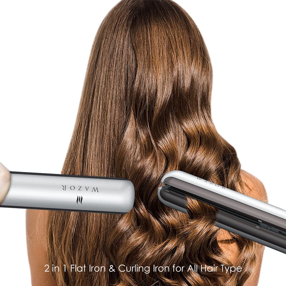 2 in 1 Flat Iron Professional Ceramic Hair Straightening Iron Instant Heat Up Automatic Shut Off and Digital LED Display Sliver White