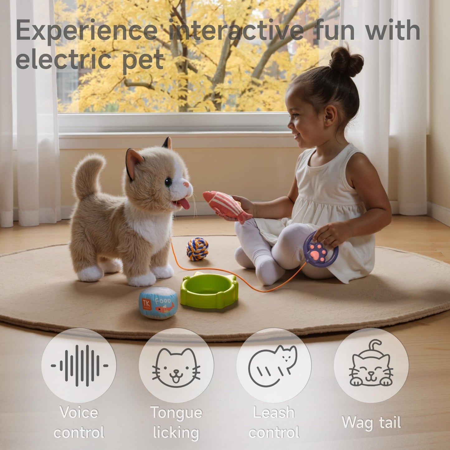TUMAMA Walking Cat Set, Interactive Electronic Cats Plush Toy with Leash, Wag Tail, Sing, Meows, Pretend Dress Up Realistic Stuffed Cat Age 3 4 5+ Years Old Gift