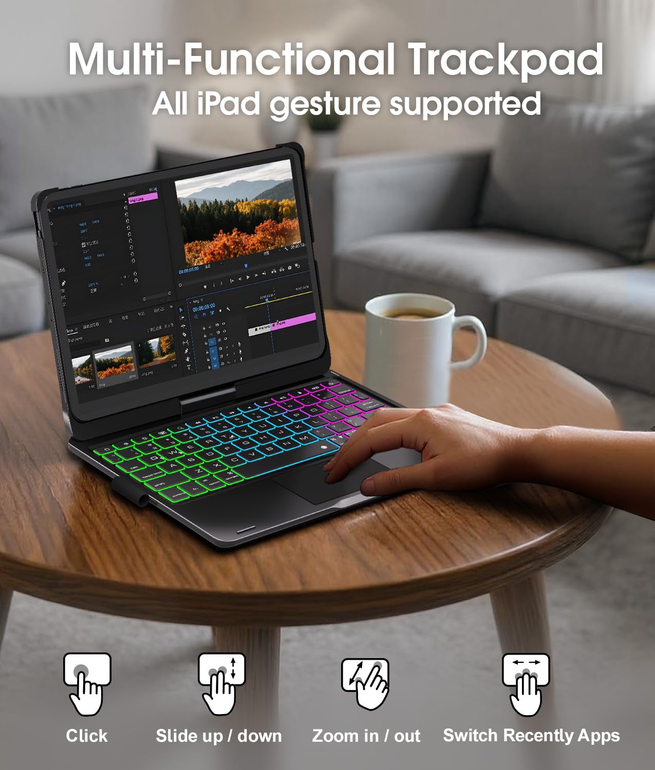 Baisla iPad 10th Generation Case with Keyboard 10.9" & iPad 11th (A16) & iPad Air 11 (M3/M2), Multi Trackpad, 360 Swivel & Rainbow Backlit for iPad Air 5th/4th,iPad Pro 11 4th/3rd/2nd/1st - Black